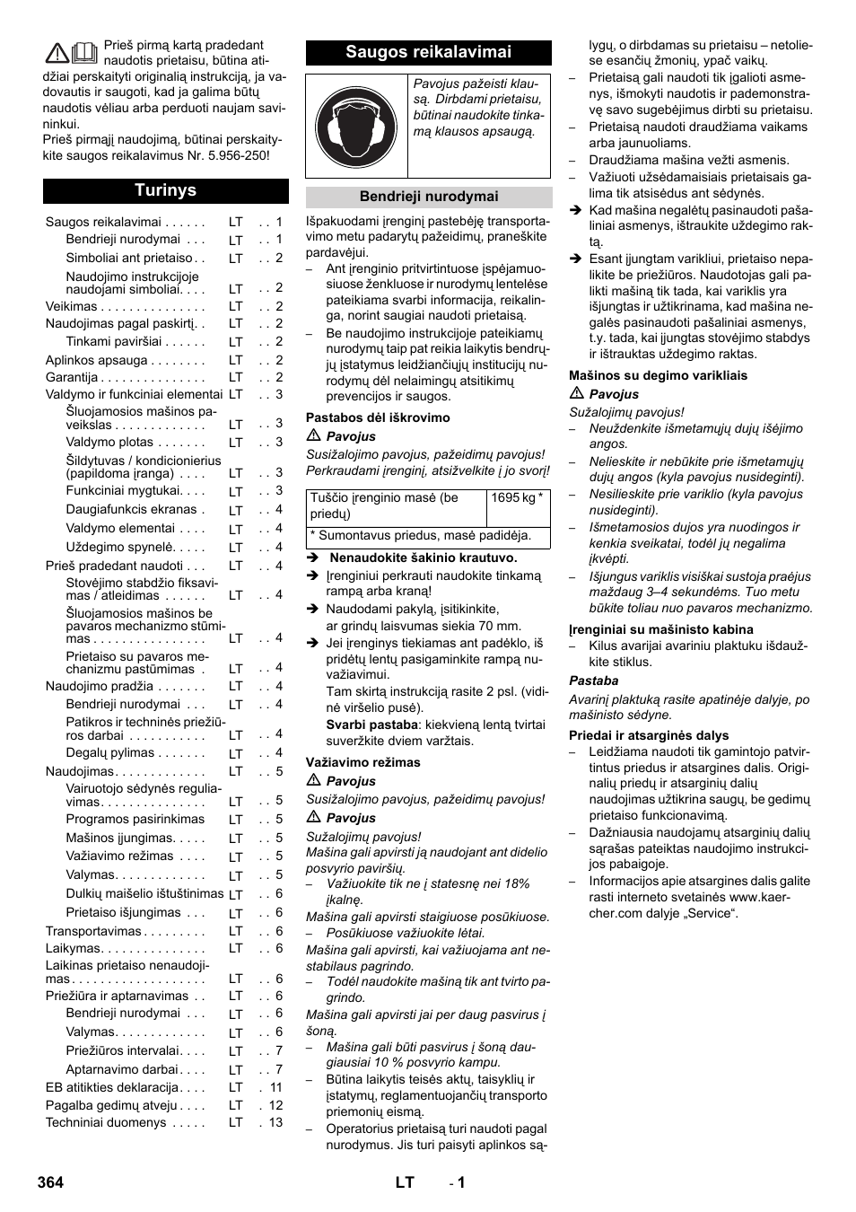 Lietuviškai, Turinys, Saugos reikalavimai | Karcher KM 170-600 D User Manual | Page 364 / 428