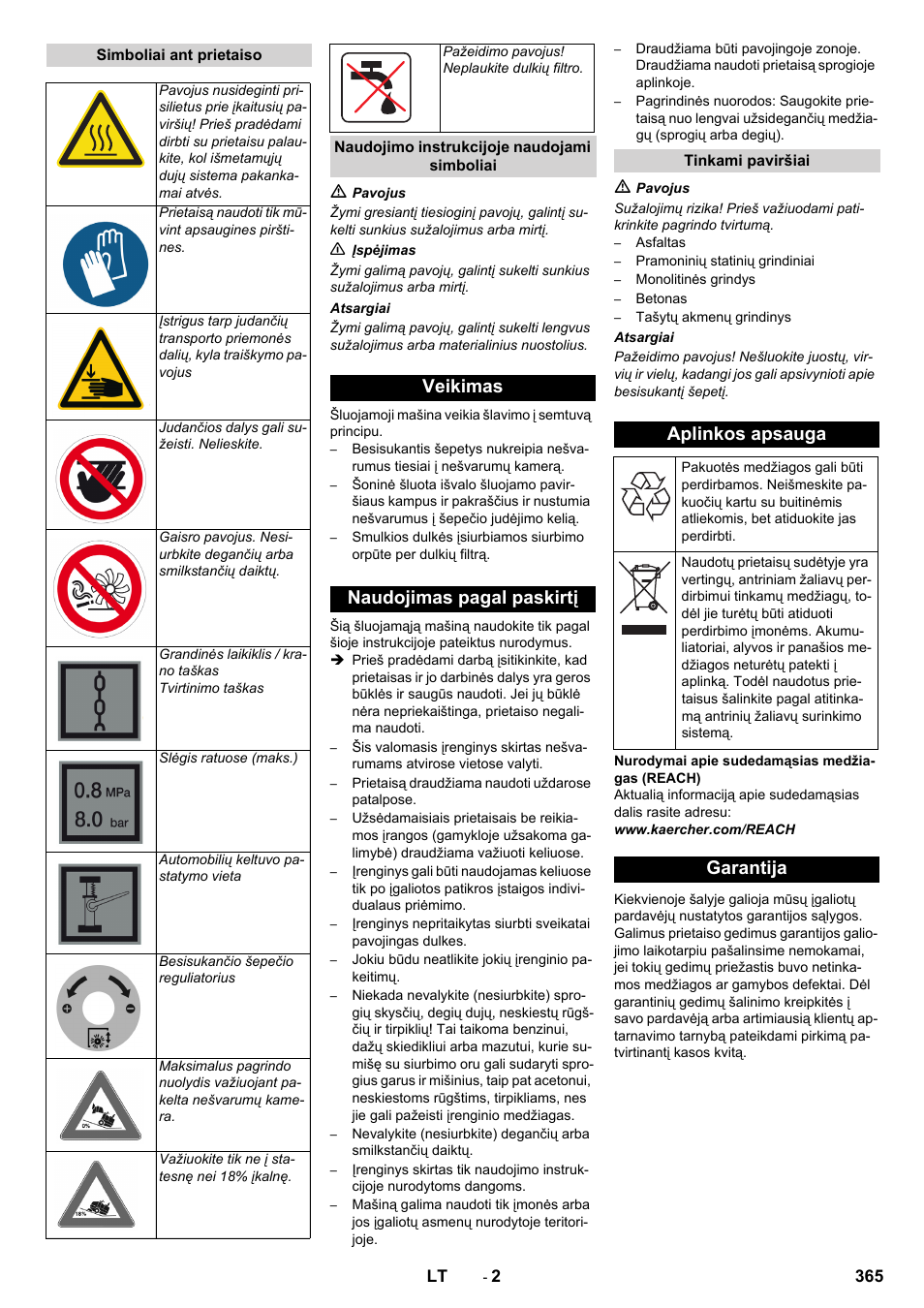 Veikimas naudojimas pagal paskirtį, Aplinkos apsauga, Garantija | Karcher KM 170-600 D User Manual | Page 365 / 428