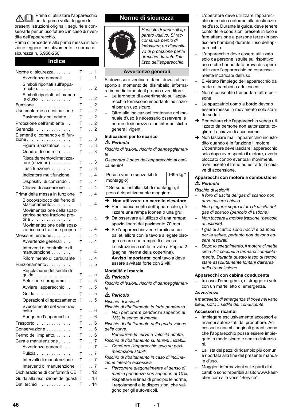Italiano, Indice, Norme di sicurezza | Karcher KM 170-600 D User Manual | Page 46 / 428