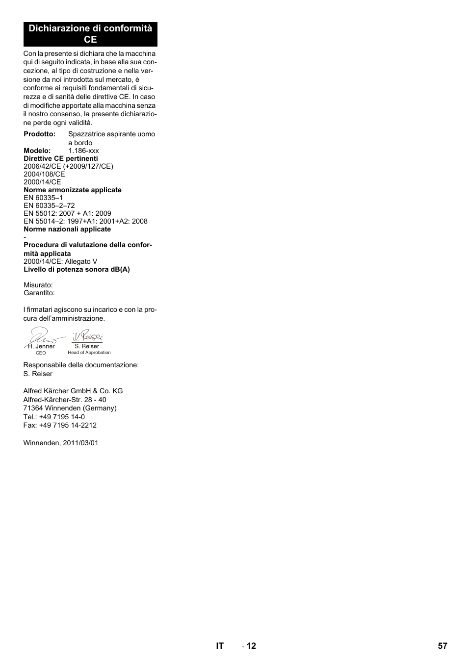 Dichiarazione di conformità ce | Karcher KM 170-600 D User Manual | Page 57 / 428