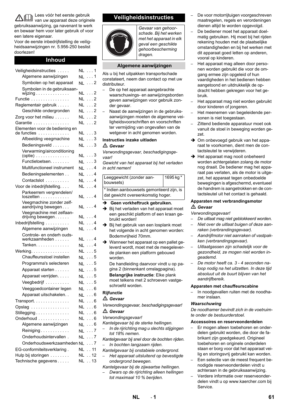 Nederlands, Inhoud, Veiligheidsinstructies | Karcher KM 170-600 D User Manual | Page 61 / 428