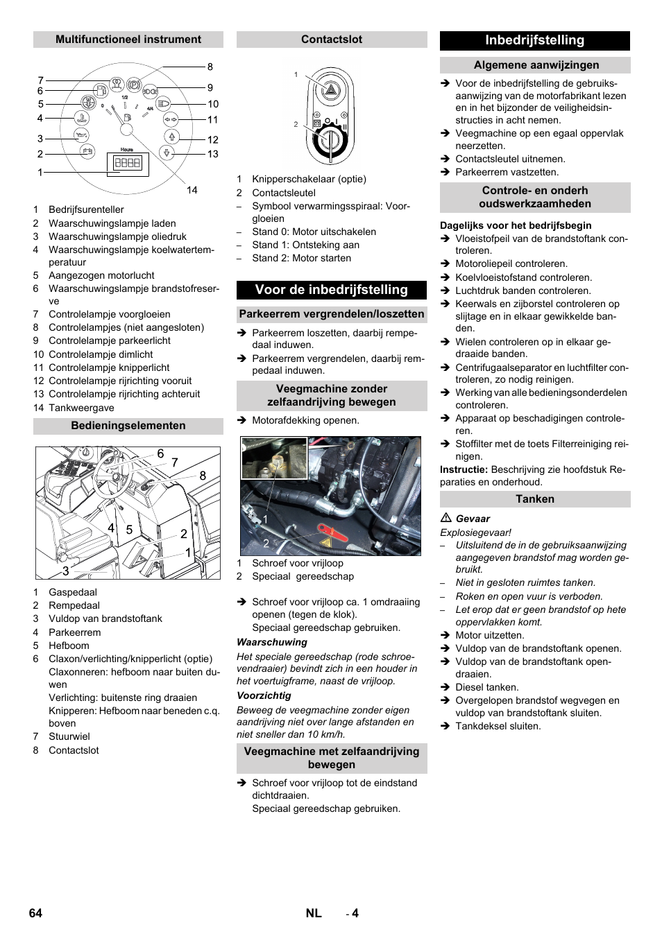 Voor de inbedrijfstelling, Inbedrijfstelling | Karcher KM 170-600 D User Manual | Page 64 / 428