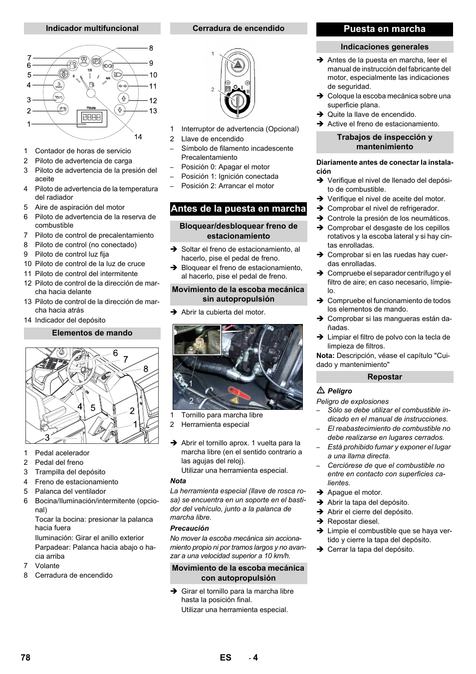 Antes de la puesta en marcha, Puesta en marcha | Karcher KM 170-600 D User Manual | Page 78 / 428