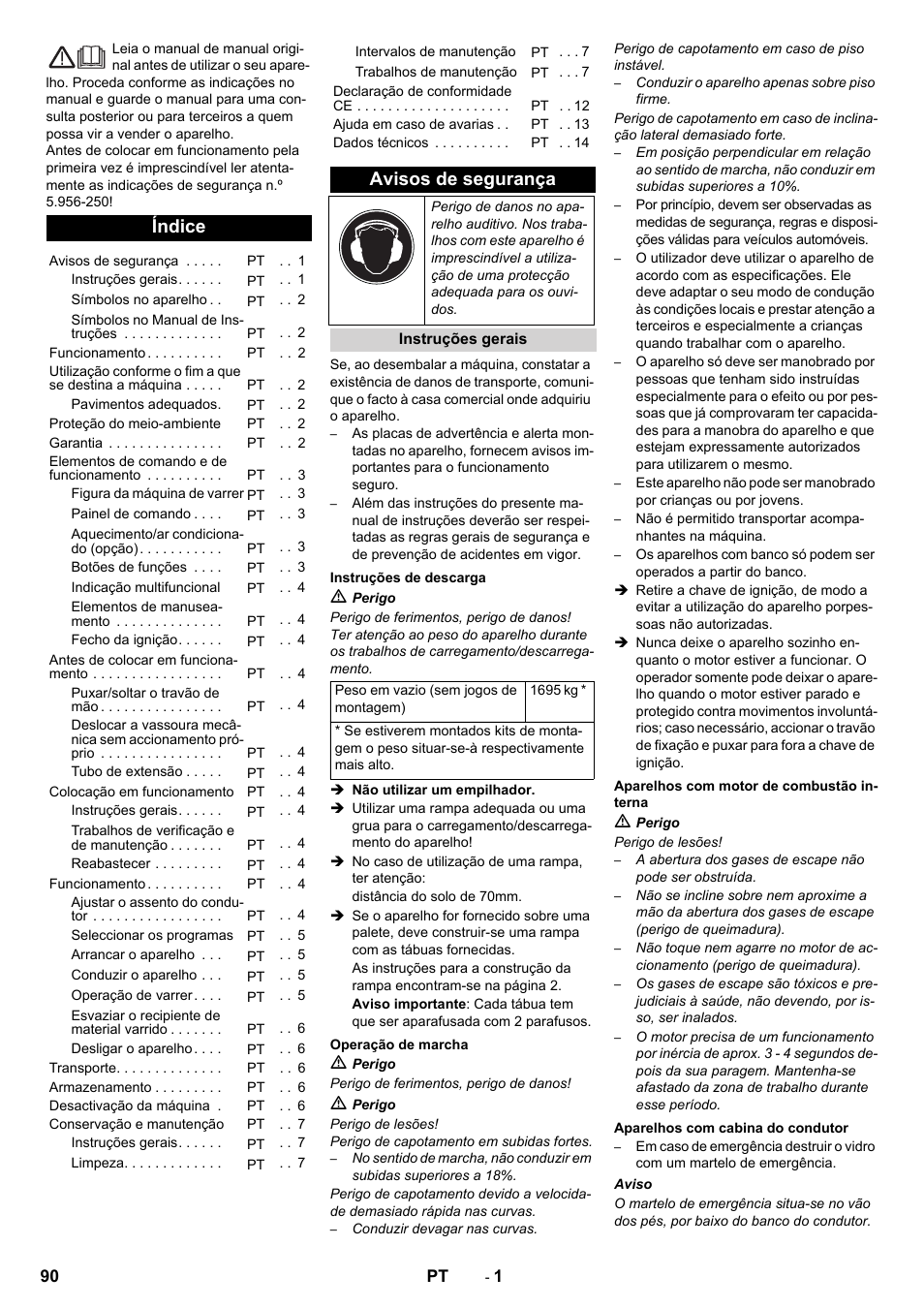 Português, Índice, Avisos de segurança | Karcher KM 170-600 D User Manual | Page 90 / 428