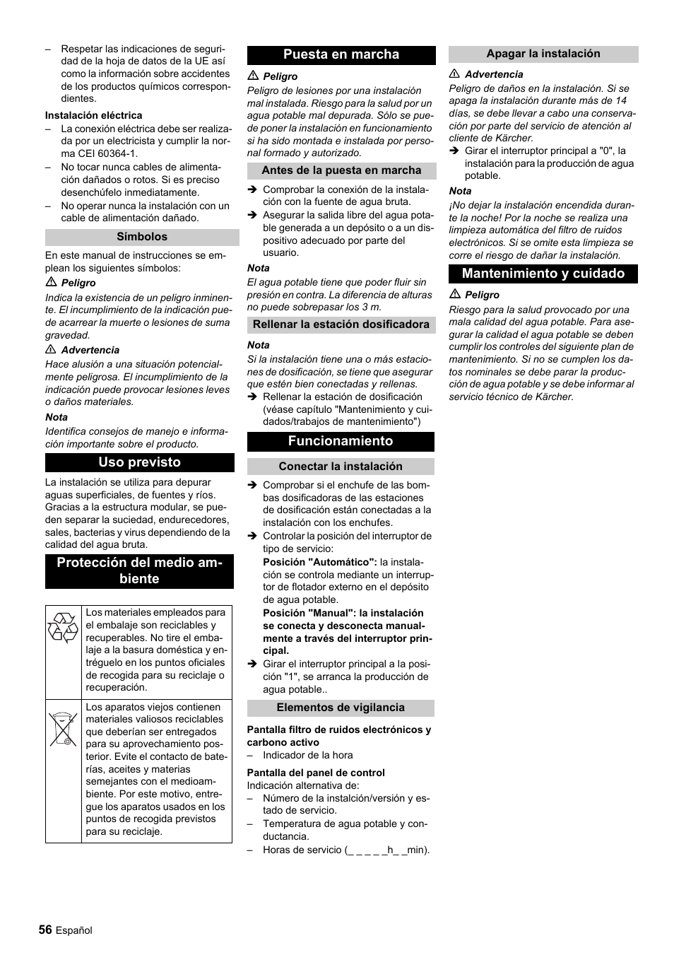 Uso previsto protección del medio am- biente, Puesta en marcha, Funcionamiento | Mantenimiento y cuidado | Karcher Úpravna vody WPC 5000 CD User Manual | Page 56 / 98