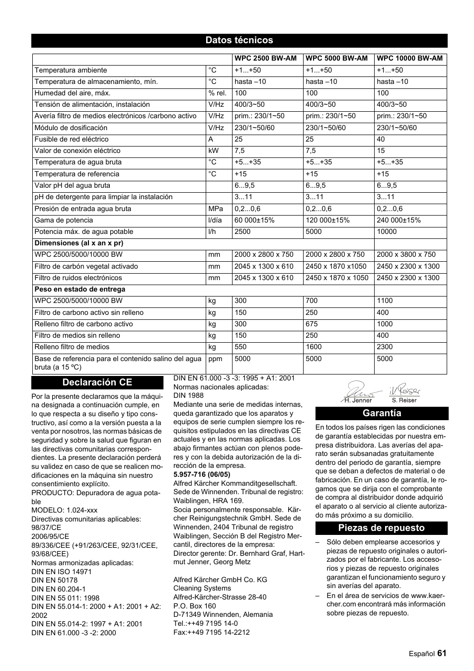 Datos técnicos, Declaración ce garantía piezas de repuesto | Karcher Úpravna vody WPC 5000 CD User Manual | Page 61 / 98