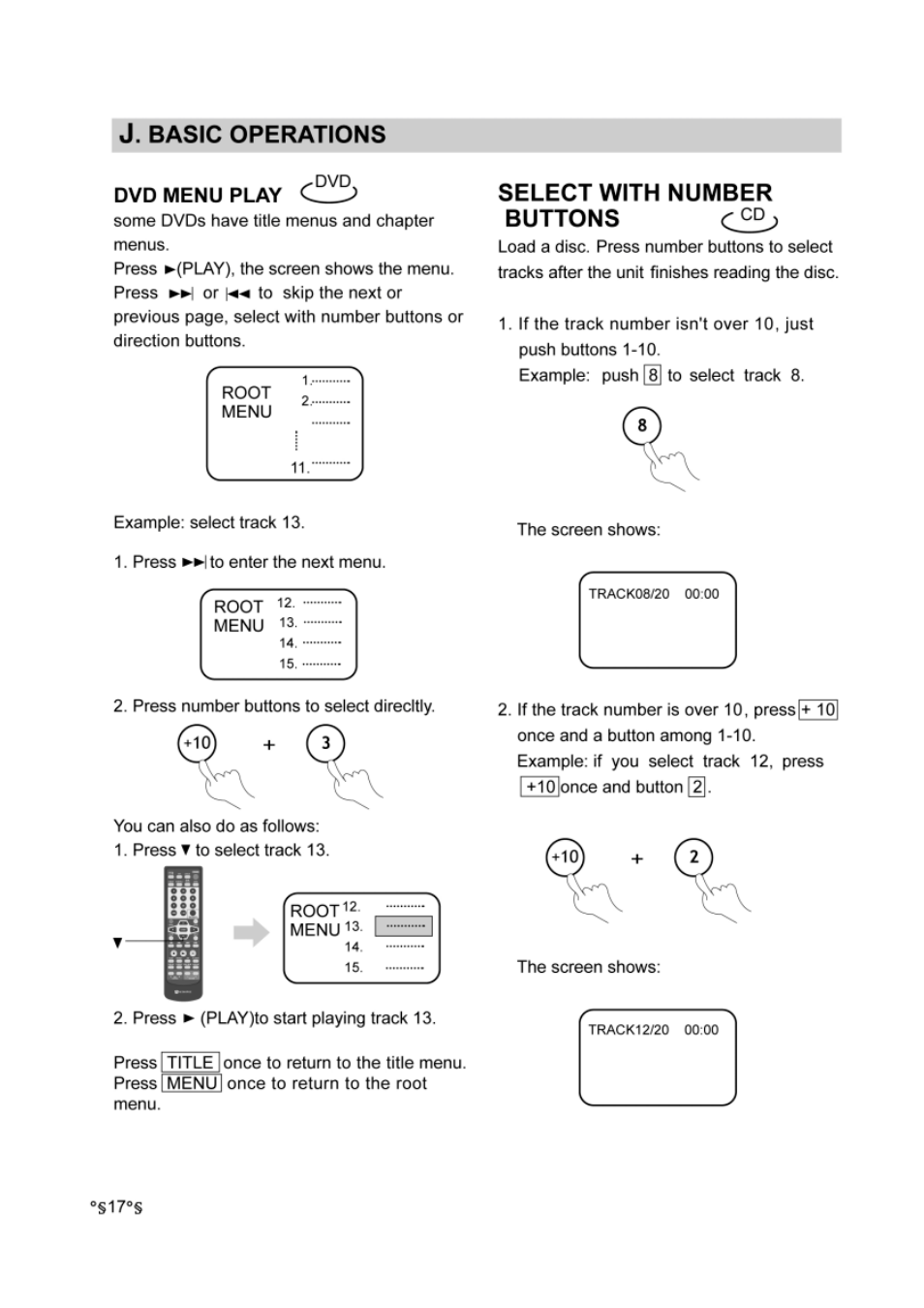 Dvd menu play, Select with number buttons ^ cd, J. basic operations | Audiovox DVD-220 User Manual | Page 19 / 38