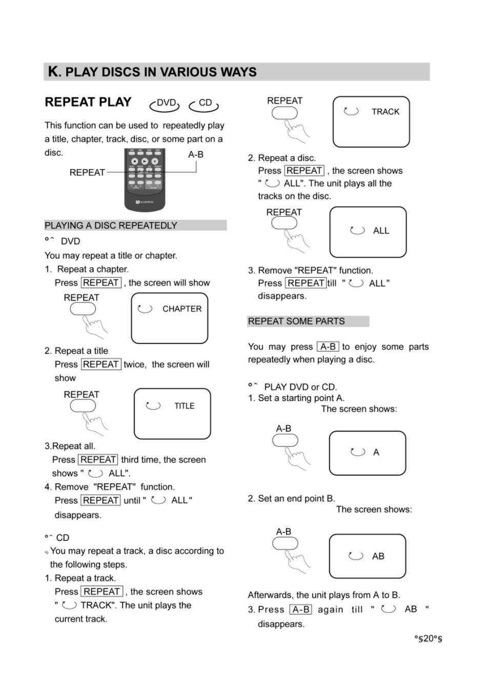 Repeat play, K, play discs in various ways | Audiovox DVD-220 User Manual | Page 22 / 38