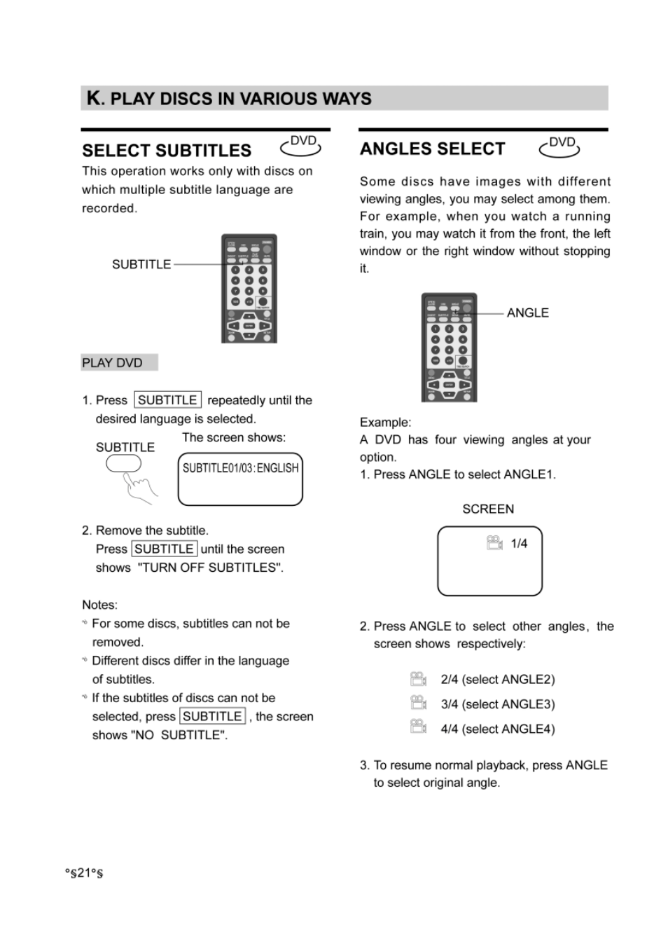 Select subtitles c, Angles select, K. play discs in various ways | Audiovox DVD-220 User Manual | Page 23 / 38