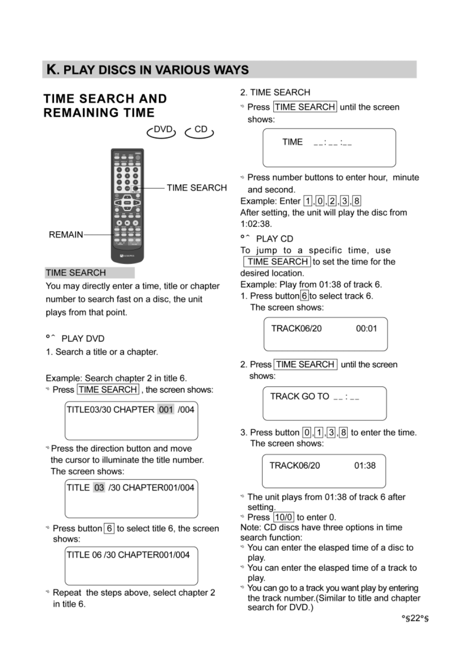 K. play discs in various ways, Time search and, Remaining time | Audiovox DVD-220 User Manual | Page 24 / 38