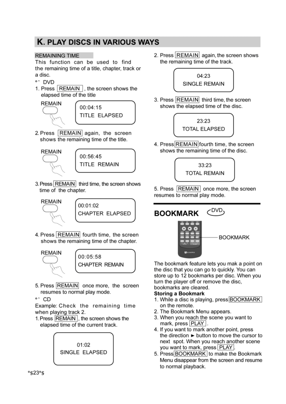Bookmark, Play discs in various ways | Audiovox DVD-220 User Manual | Page 25 / 38
