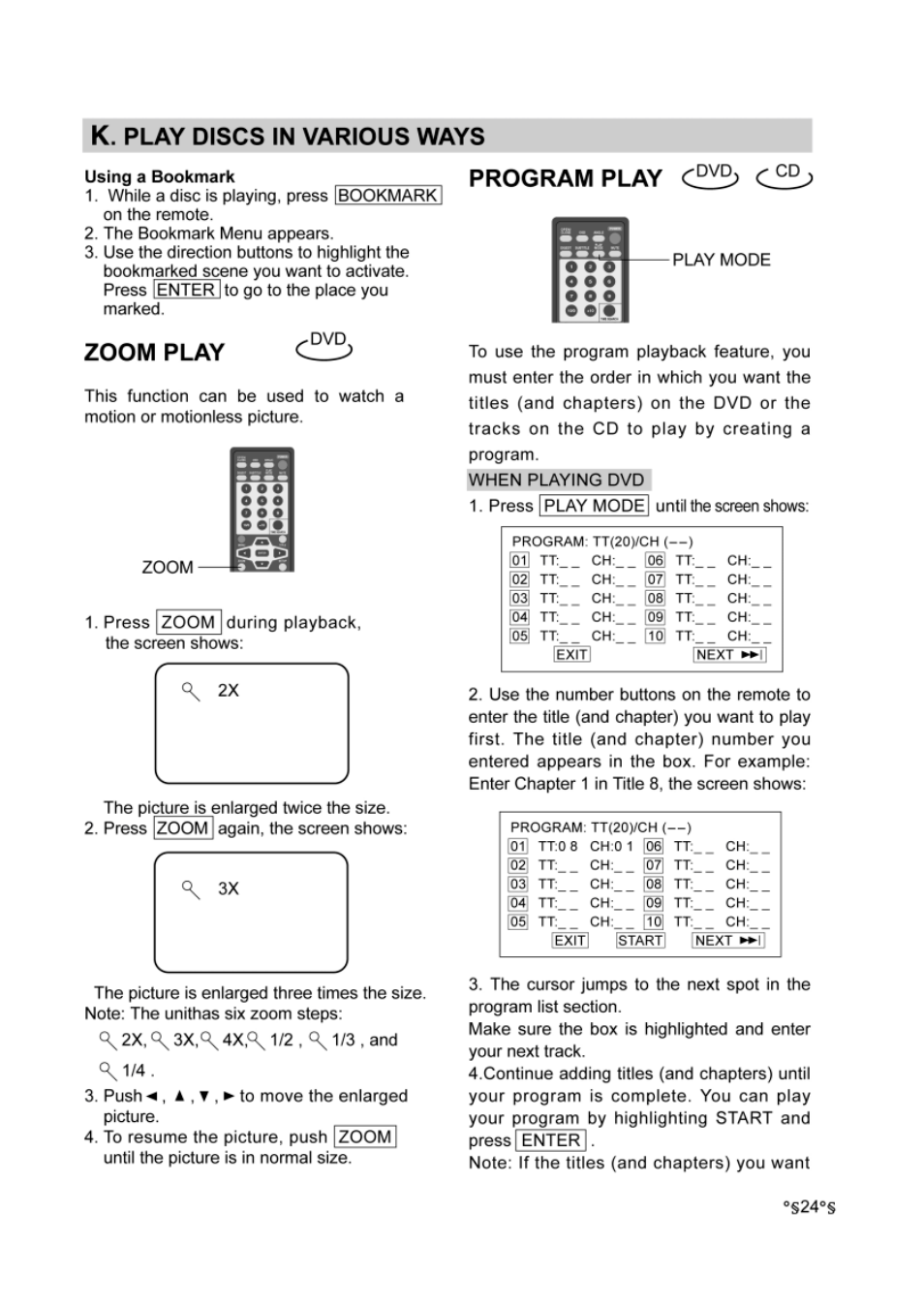 Zoom play, K. play discs in various ways, Program play | Audiovox DVD-220 User Manual | Page 26 / 38
