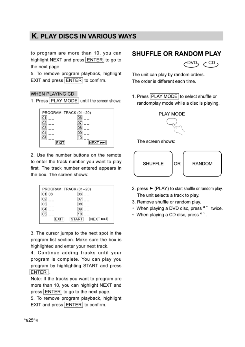 Shuffle or random play, K. play discs in various ways | Audiovox DVD-220 User Manual | Page 27 / 38