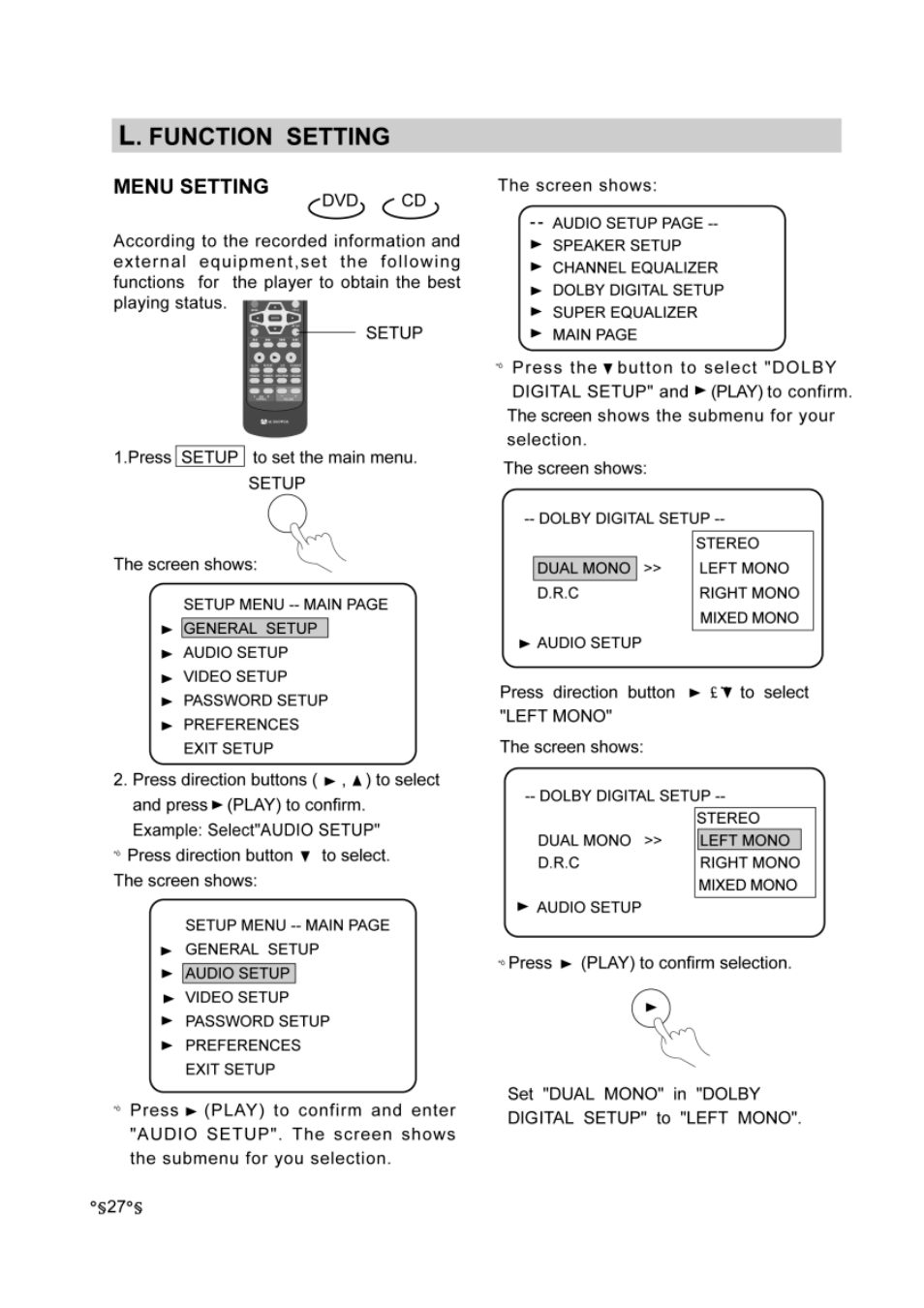L function setting, Menu setting | Audiovox DVD-220 User Manual | Page 29 / 38