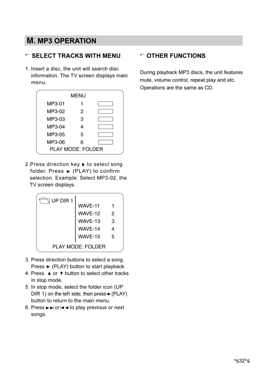 М. mp3 operation, Select tracks with menu, I______ i | Select tracks with menu other functions | Audiovox DVD-220 User Manual | Page 34 / 38