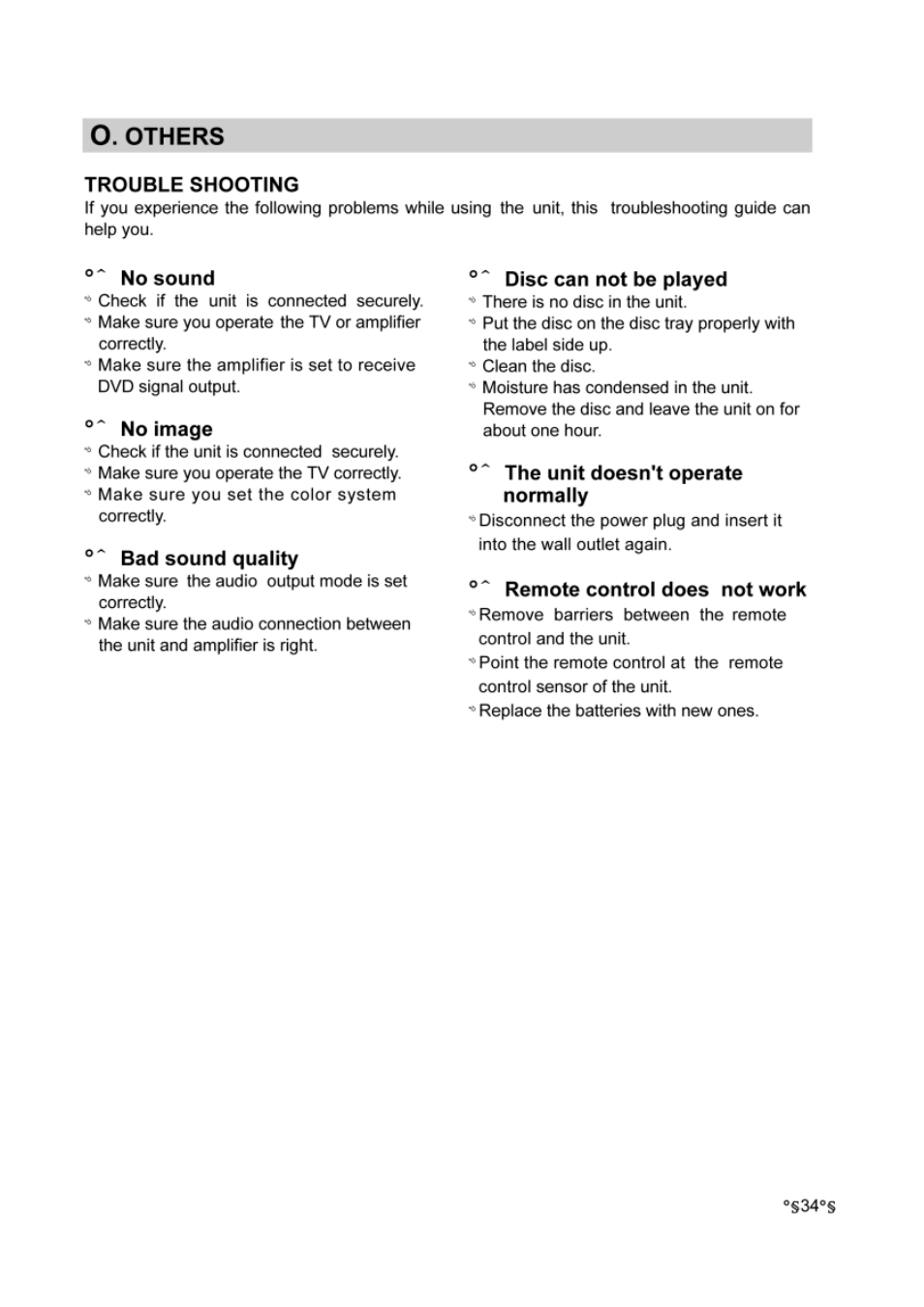 O.others, Trouble shooting, No sound | No image, Bad sound quality, Disc can not be played, The unit doesn't operate normally, Remote control does network, Others | Audiovox DVD-220 User Manual | Page 36 / 38