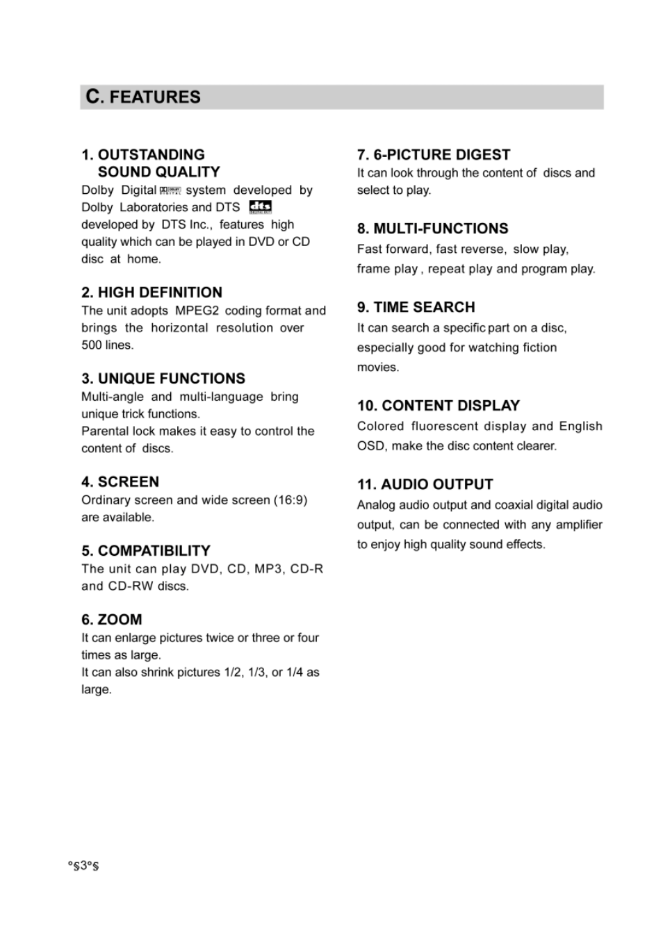 C.features, Outstanding sound quality, High definition | Unique functions, 6-picture digest, Multi-functions, Time search, Content display, Screen, Compatibility | Audiovox DVD-220 User Manual | Page 5 / 38