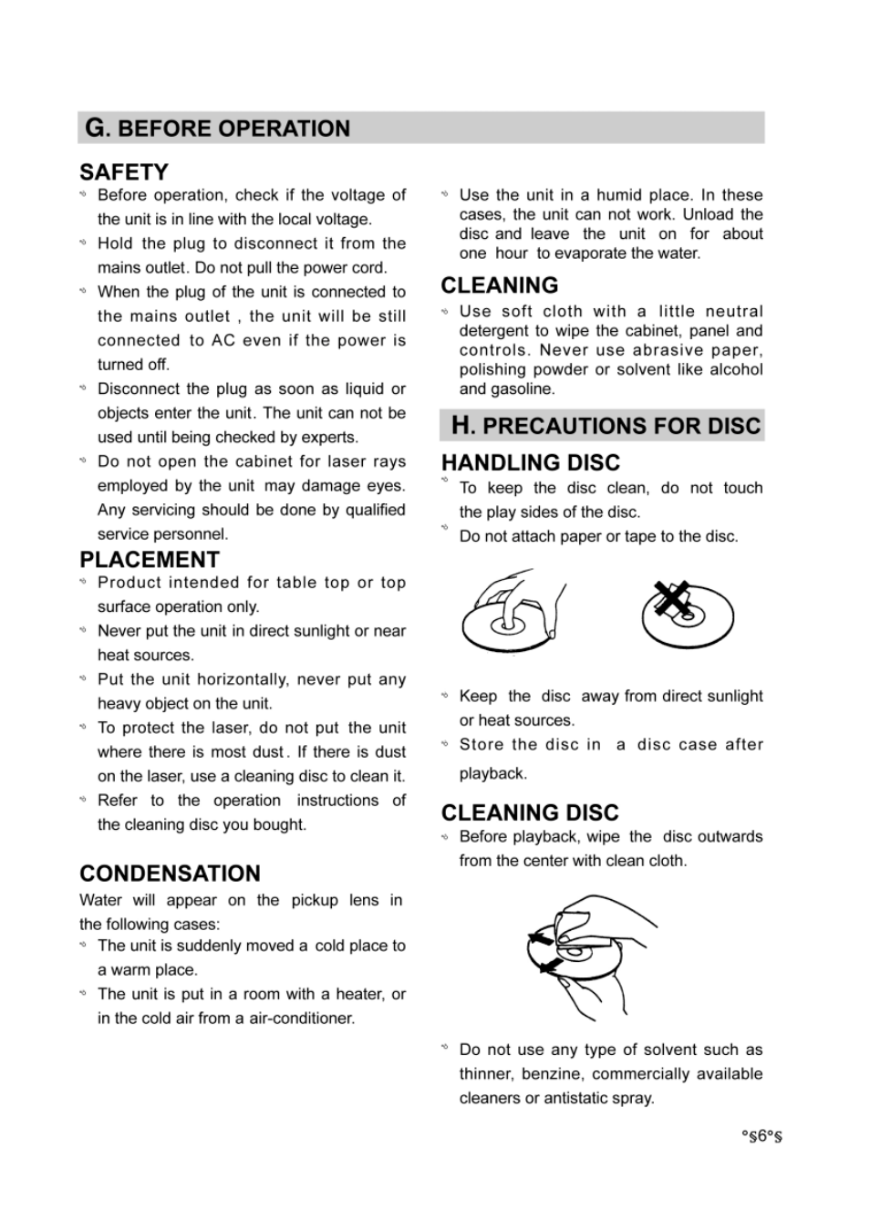 G. before operation safety, Placement, Condensation | Cleaning, H. precautions for disc handling disc, Cleaning disc | Audiovox DVD-220 User Manual | Page 8 / 38