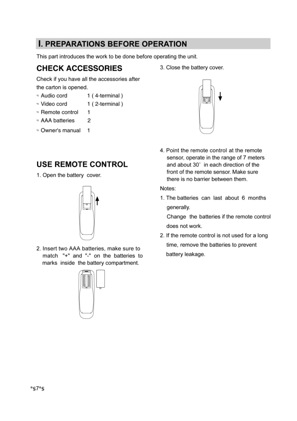 Check accessories, Use remote control, I. preparations before operation | Iuse remote control | Audiovox DVD-220 User Manual | Page 9 / 38
