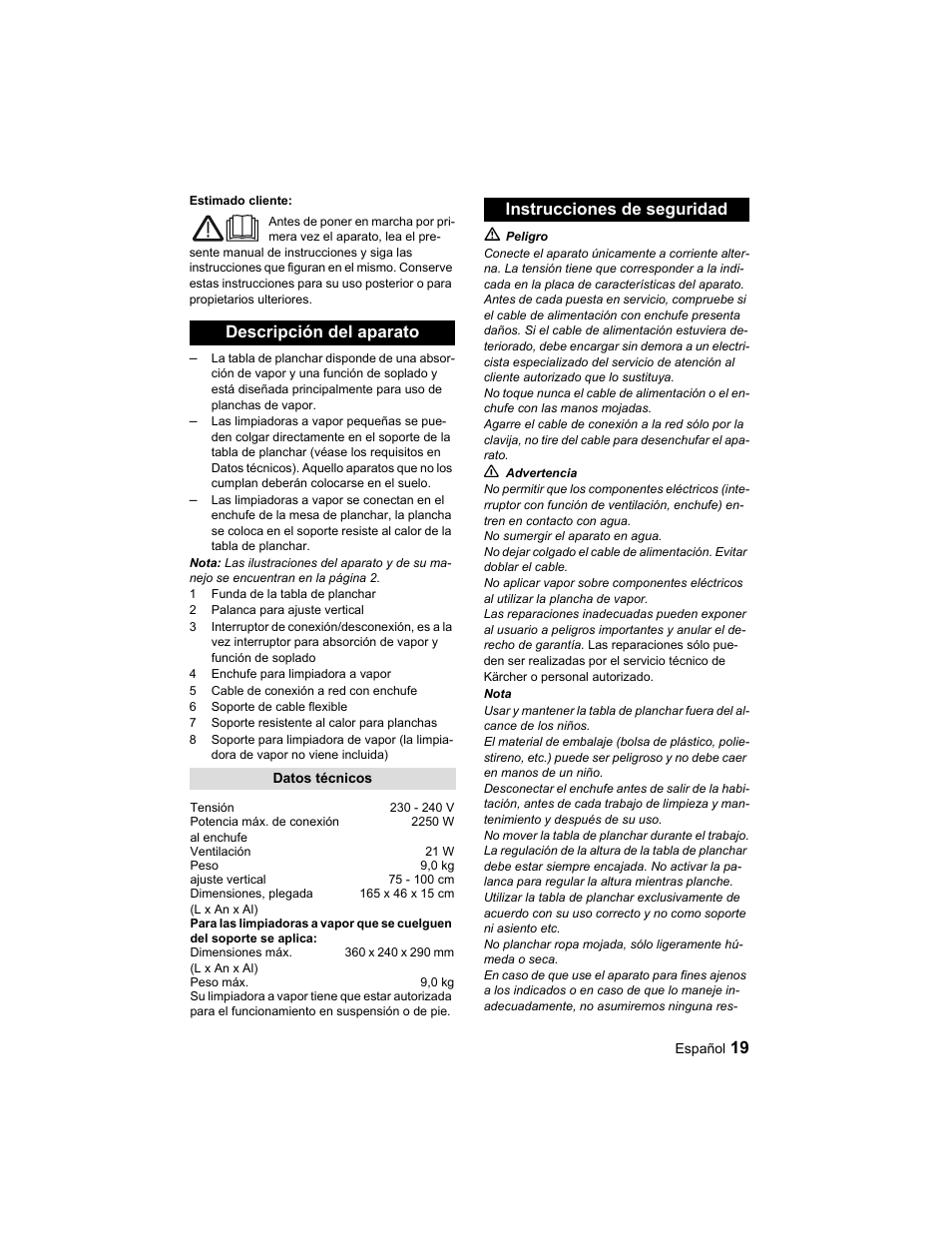 Descripción del aparato, Instrucciones de seguridad | Karcher Parní žehlicí stanice SI 2-600 CB User Manual | Page 19 / 88