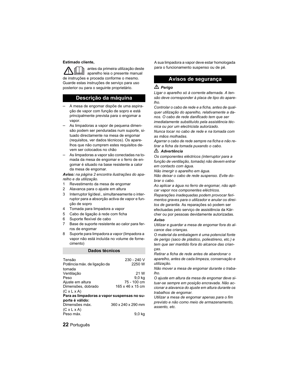 Descrição da máquina, Avisos de segurança | Karcher Parní žehlicí stanice SI 2-600 CB User Manual | Page 22 / 88