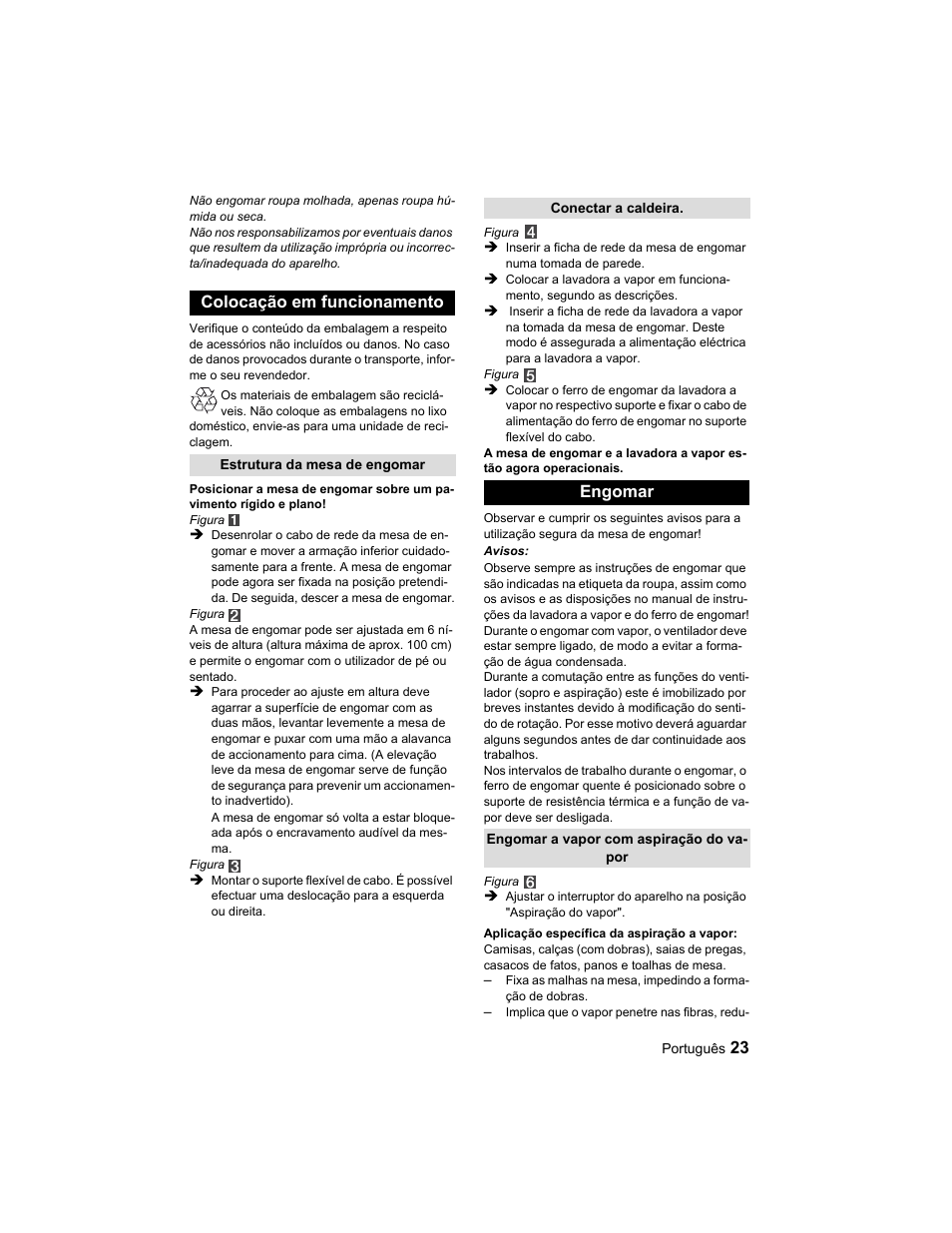 Colocação em funcionamento, Engomar | Karcher Parní žehlicí stanice SI 2-600 CB User Manual | Page 23 / 88