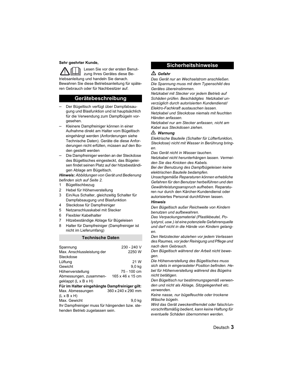 Gerätebeschreibung, Sicherheitshinweise | Karcher Parní žehlicí stanice SI 2-600 CB User Manual | Page 3 / 88