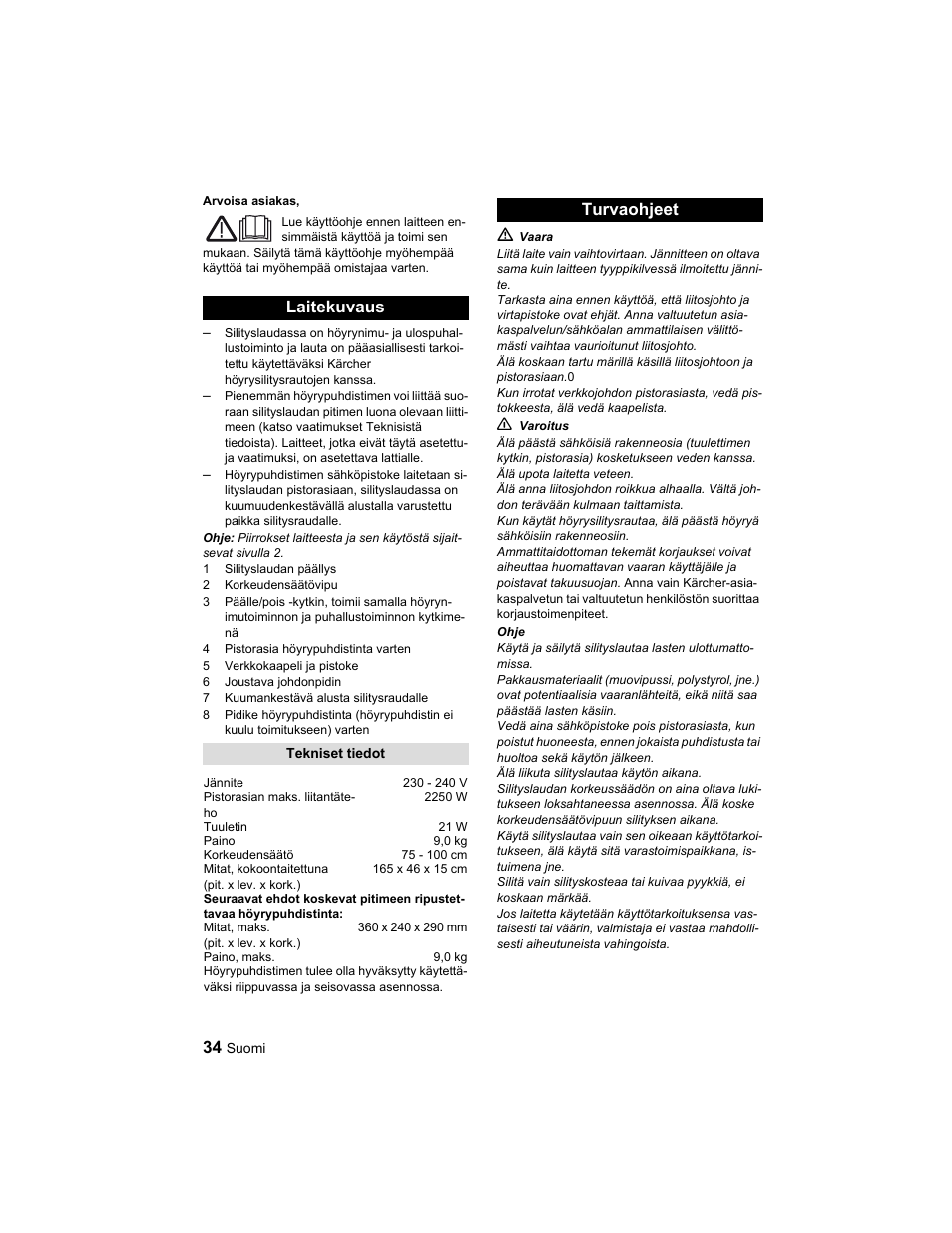 Laitekuvaus, Turvaohjeet | Karcher Parní žehlicí stanice SI 2-600 CB User Manual | Page 34 / 88