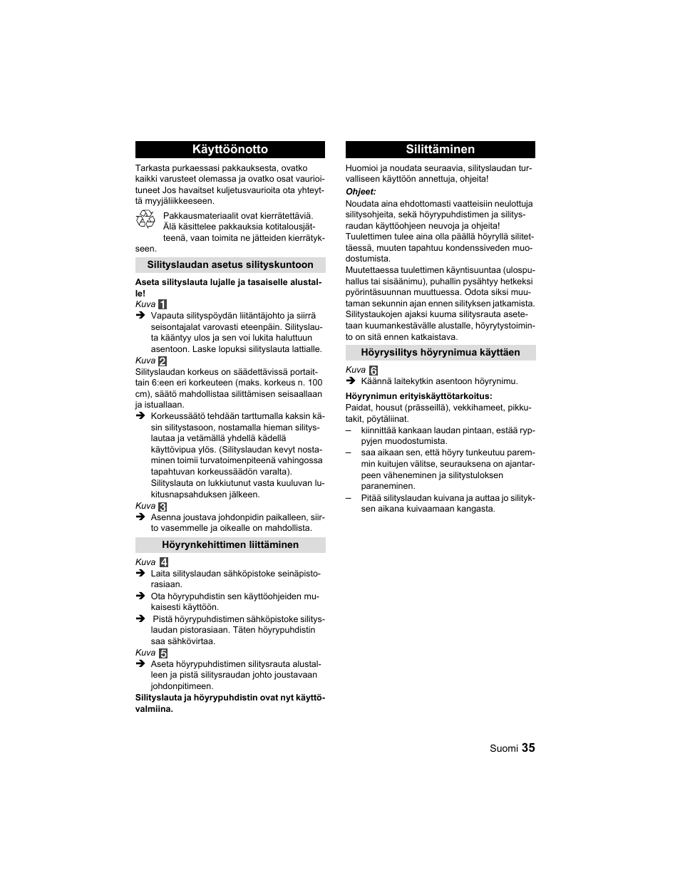 Käyttöönotto, Silittäminen | Karcher Parní žehlicí stanice SI 2-600 CB User Manual | Page 35 / 88