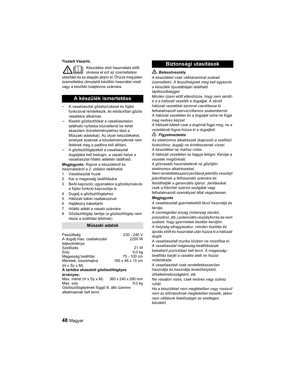 A készülék ismertetése, Biztonsági utasítások | Karcher Parní žehlicí stanice SI 2-600 CB User Manual | Page 48 / 88