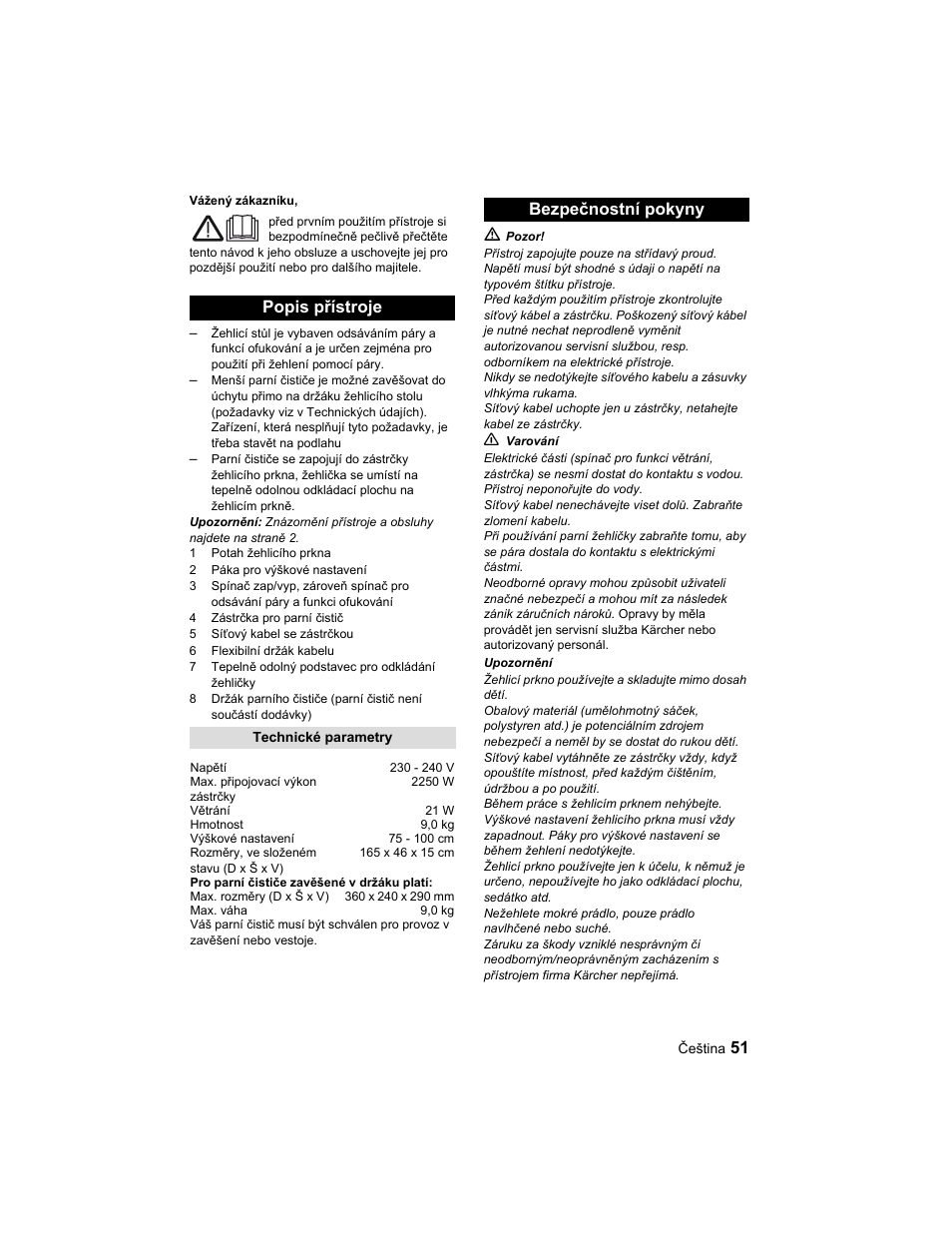 Popis přístroje, Bezpečnostní pokyny | Karcher Parní žehlicí stanice SI 2-600 CB User Manual | Page 51 / 88