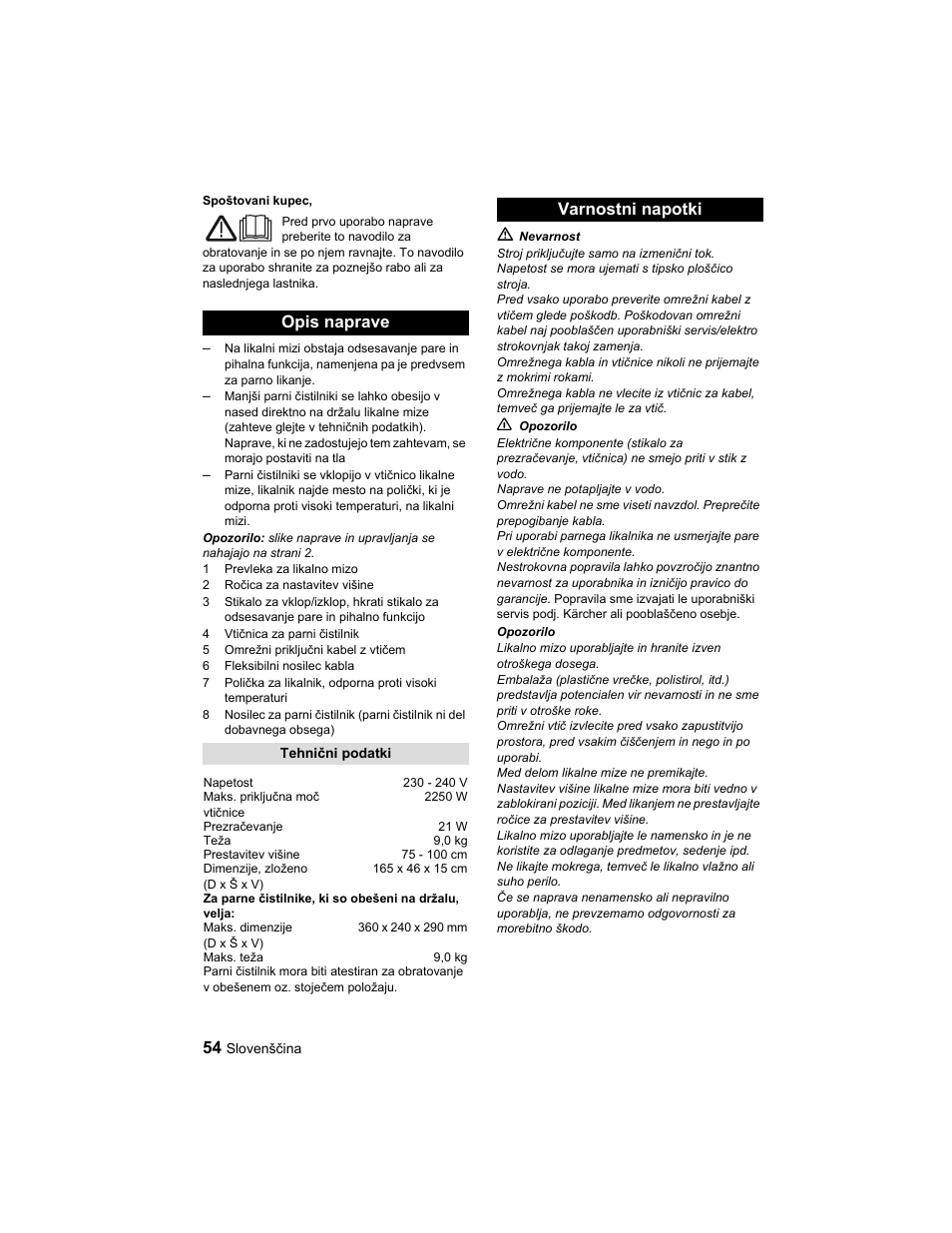 Opis naprave, Varnostni napotki | Karcher Parní žehlicí stanice SI 2-600 CB User Manual | Page 54 / 88