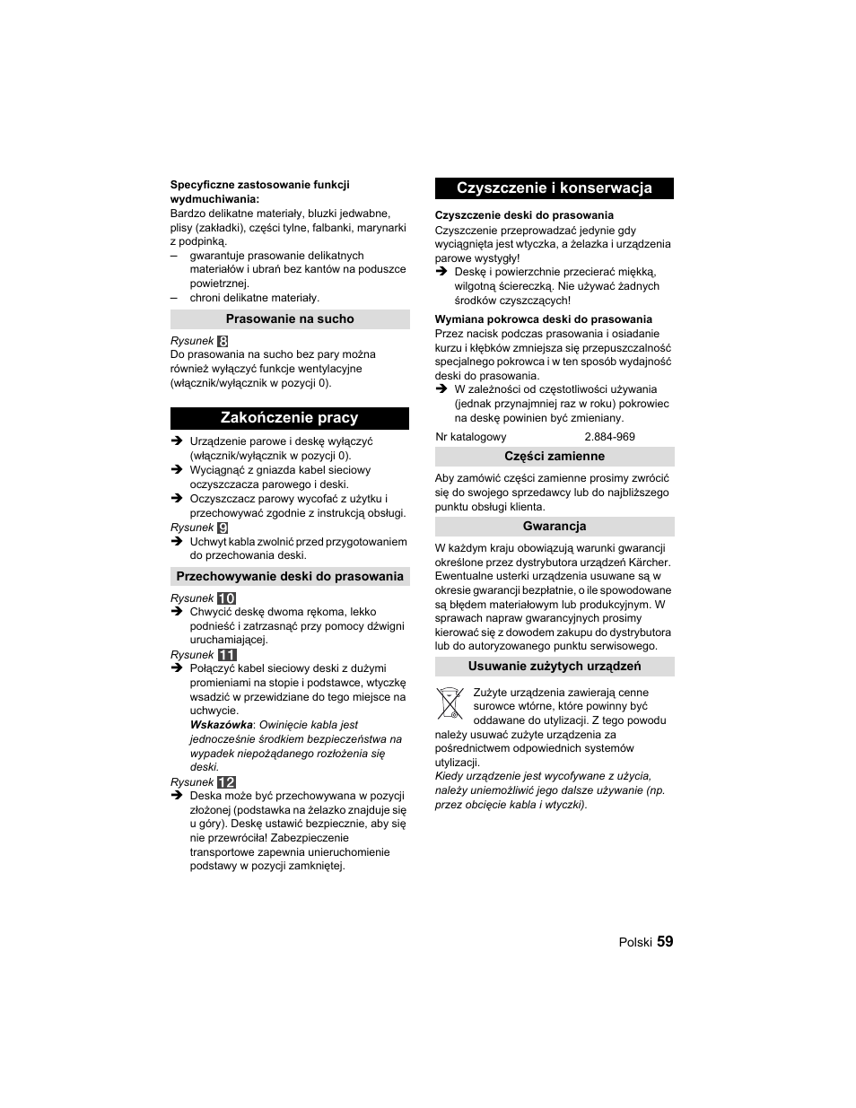 Zakończenie pracy, Czyszczenie i konserwacja | Karcher Parní žehlicí stanice SI 2-600 CB User Manual | Page 59 / 88