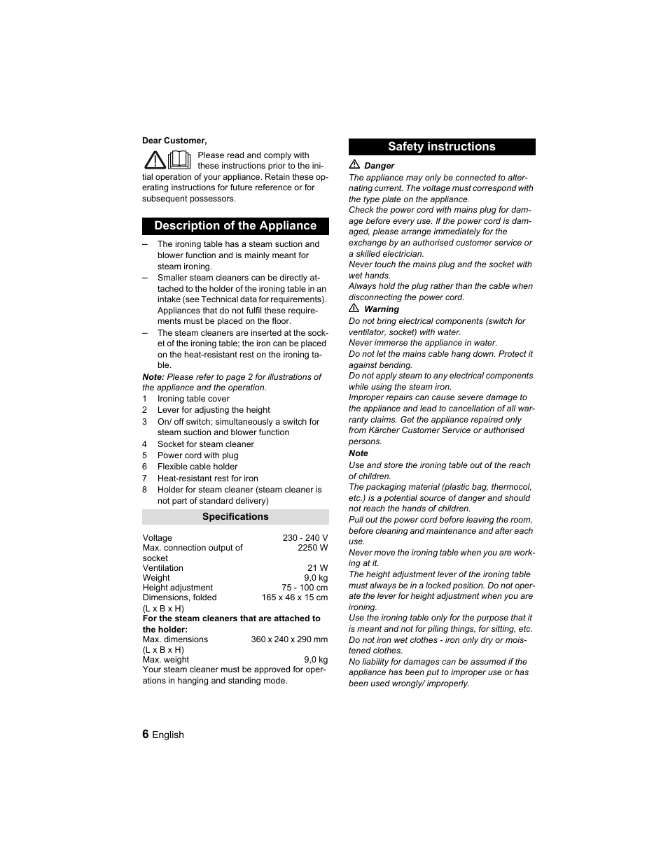 Description of the appliance, Safety instructions | Karcher Parní žehlicí stanice SI 2-600 CB User Manual | Page 6 / 88