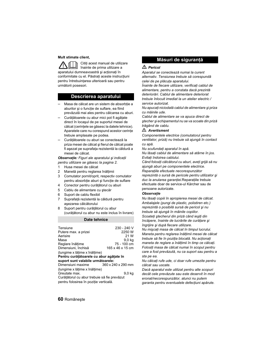 Descrierea aparatului, Măsuri de siguranţă | Karcher Parní žehlicí stanice SI 2-600 CB User Manual | Page 60 / 88