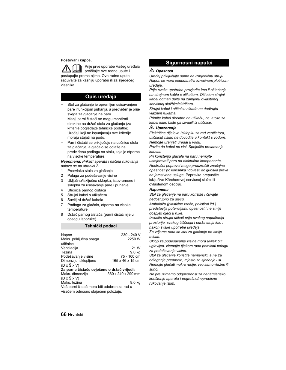 Opis uređaja, Sigurnosni naputci | Karcher Parní žehlicí stanice SI 2-600 CB User Manual | Page 66 / 88