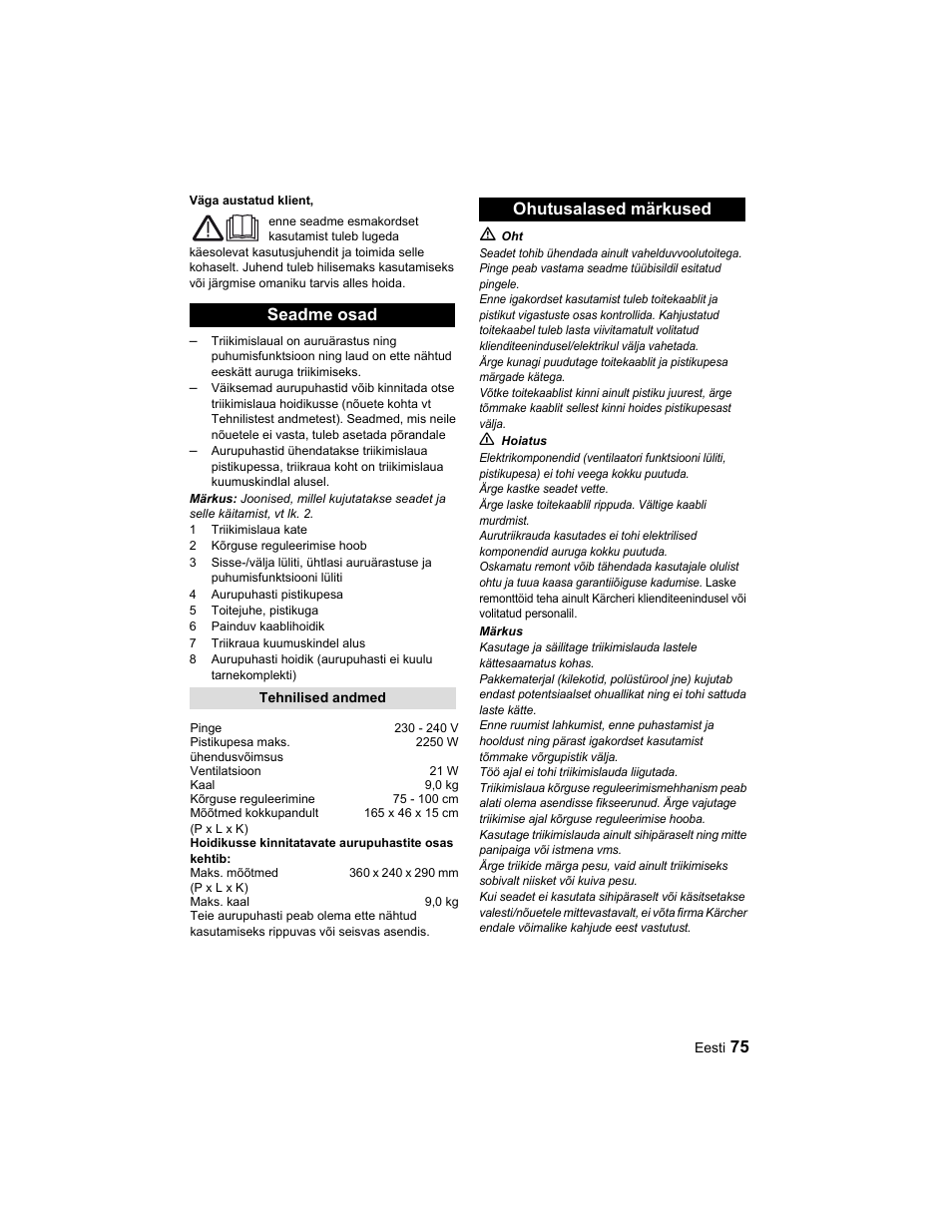 Seadme osad, Ohutusalased märkused | Karcher Parní žehlicí stanice SI 2-600 CB User Manual | Page 75 / 88