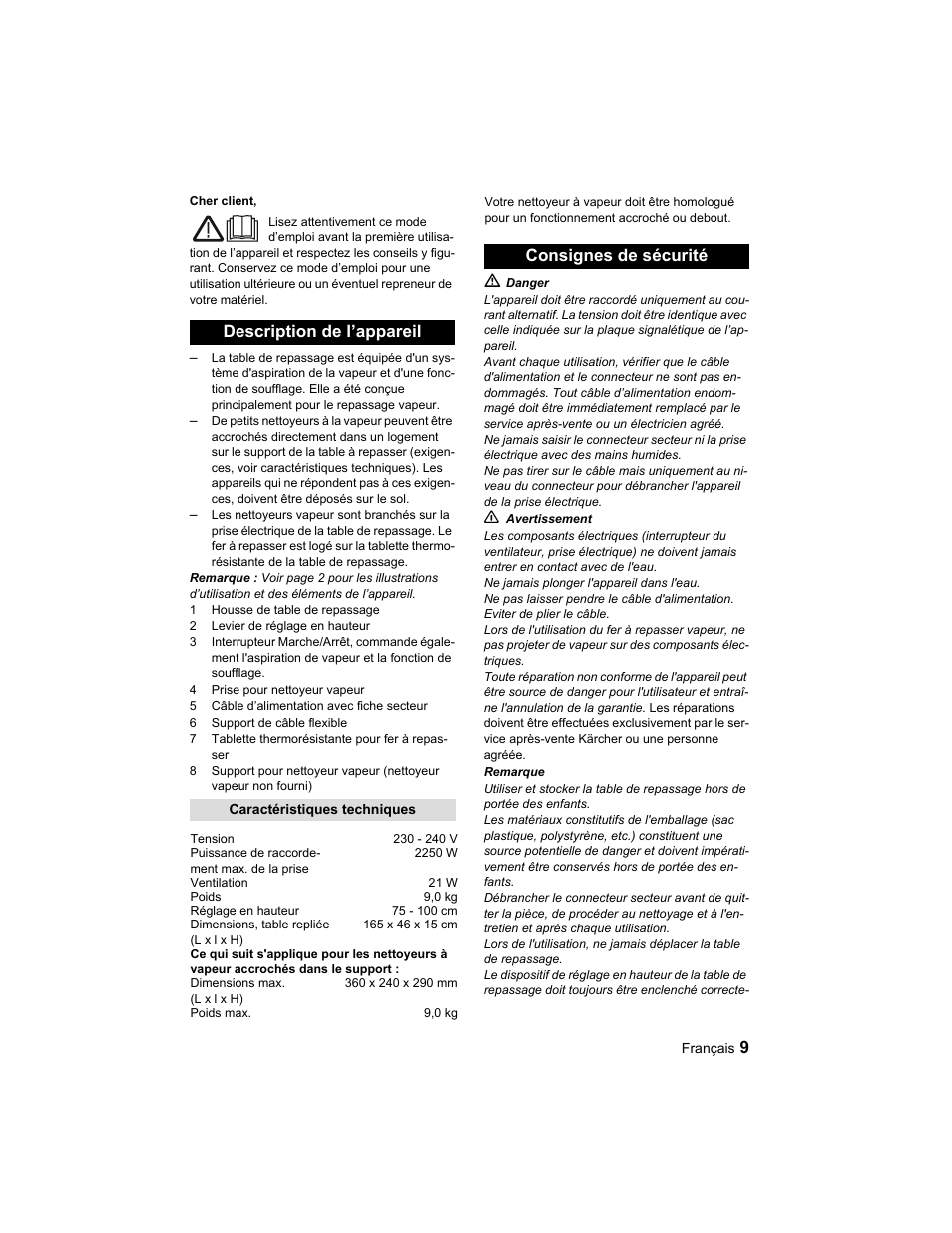Description de l’appareil, Consignes de sécurité | Karcher Parní žehlicí stanice SI 2-600 CB User Manual | Page 9 / 88
