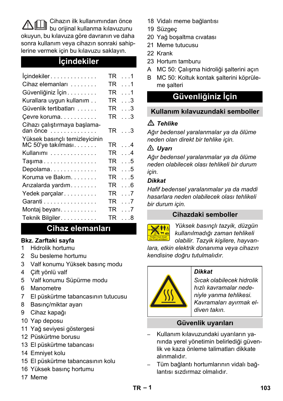Türkçe, Içindekiler, Cihaz elemanları güvenliğiniz için | Karcher MIC 34C User Manual | Page 103 / 172