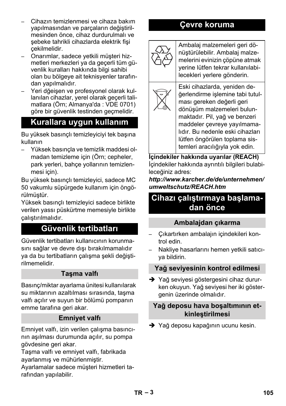 Kurallara uygun kullanım güvenlik tertibatları, Çevre koruma, Cihazı çalıştırmaya başlama- dan önce | Karcher MIC 34C User Manual | Page 105 / 172