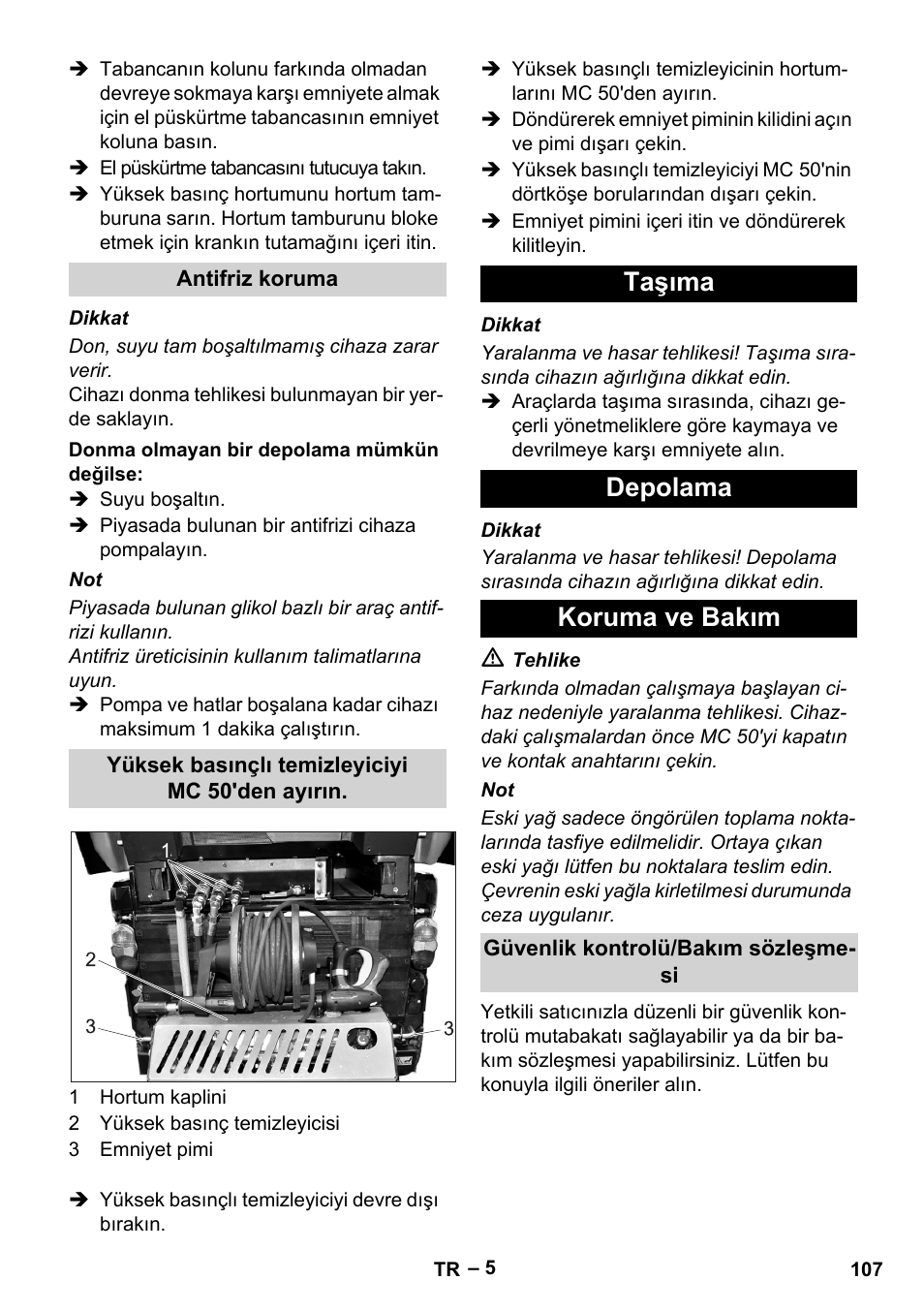 Taşıma depolama koruma ve bakım | Karcher MIC 34C User Manual | Page 107 / 172