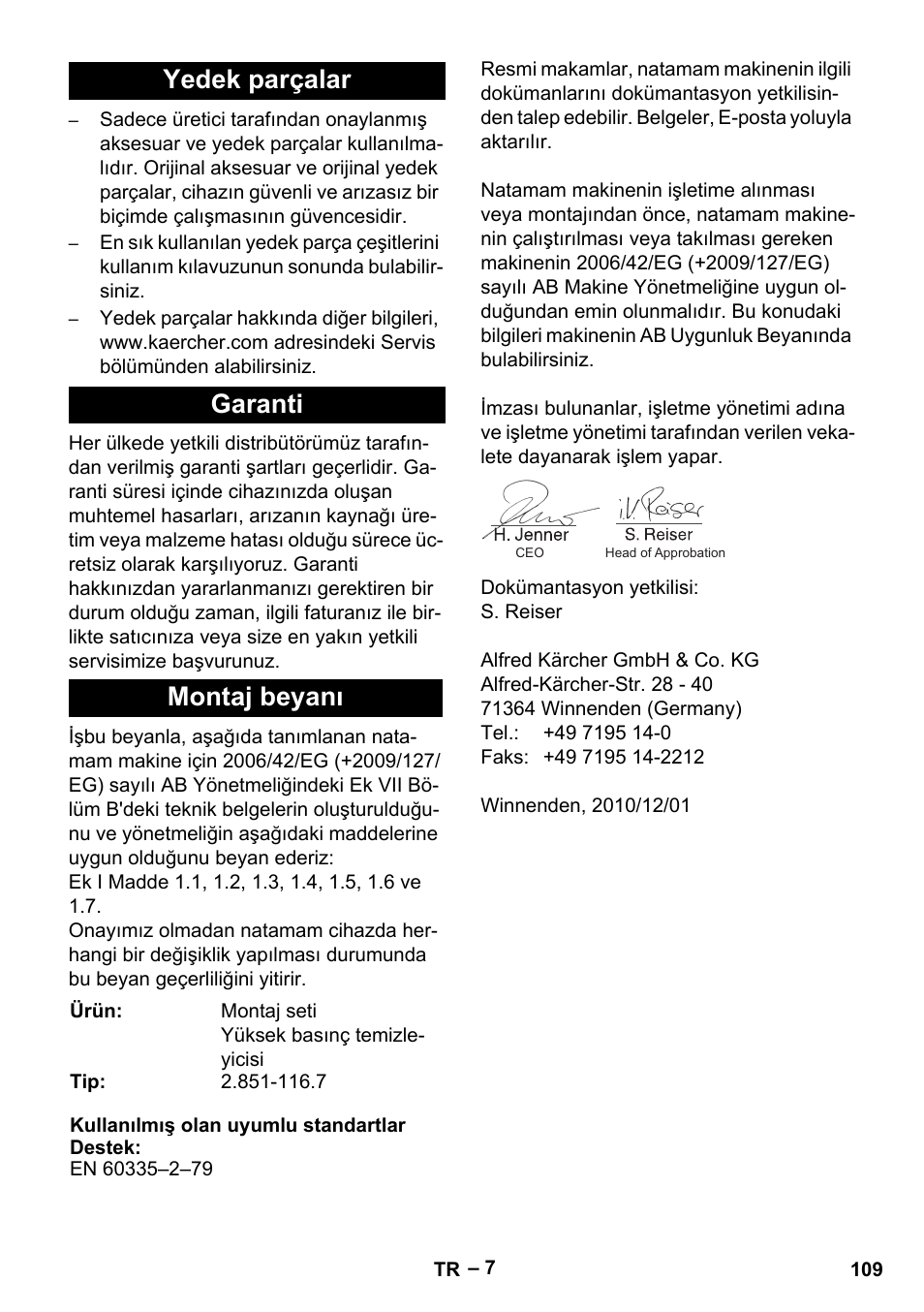Yedek parçalar garanti montaj beyanı | Karcher MIC 34C User Manual | Page 109 / 172