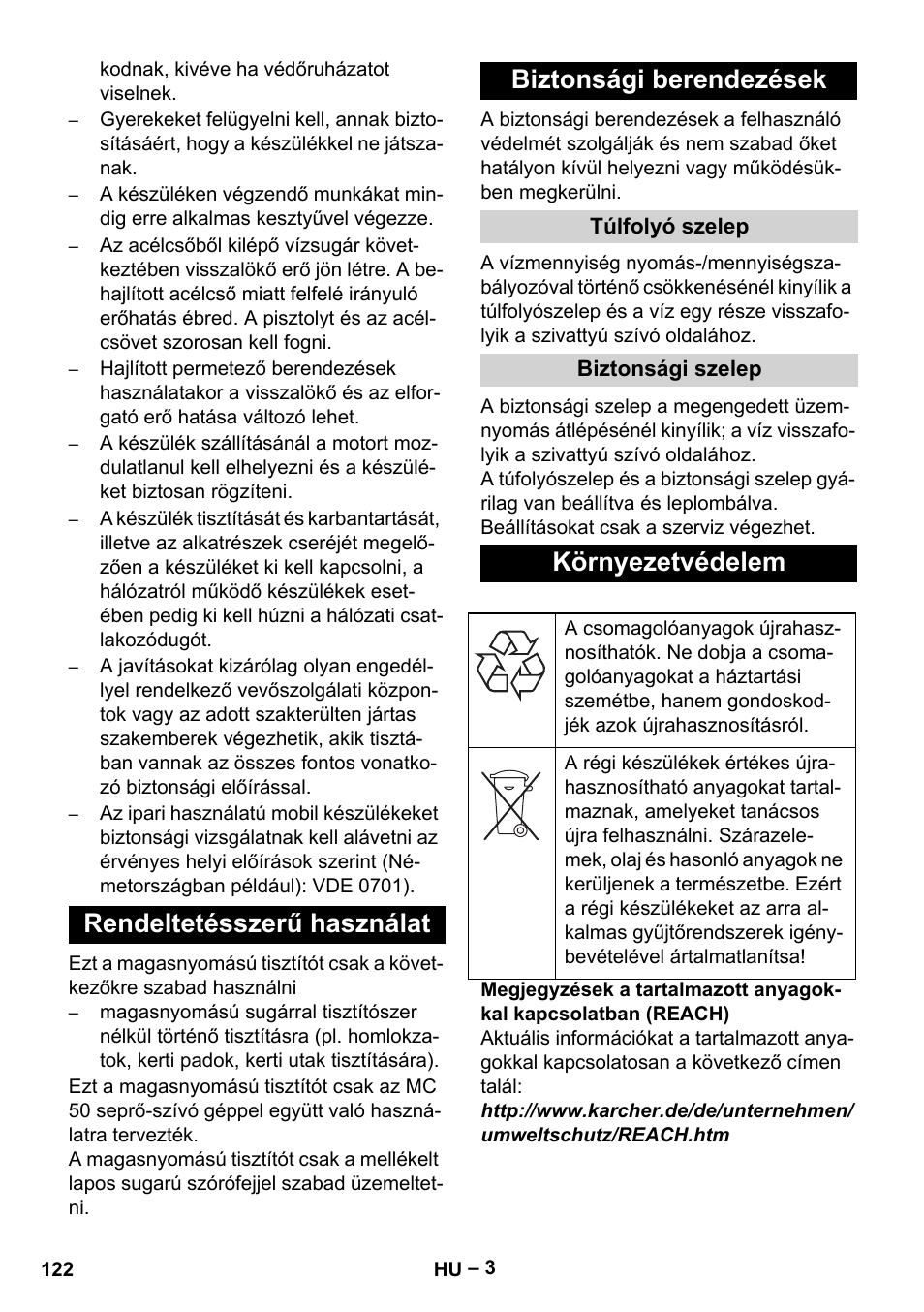 Rendeltetésszerű használat biztonsági berendezések, Környezetvédelem | Karcher MIC 34C User Manual | Page 122 / 172