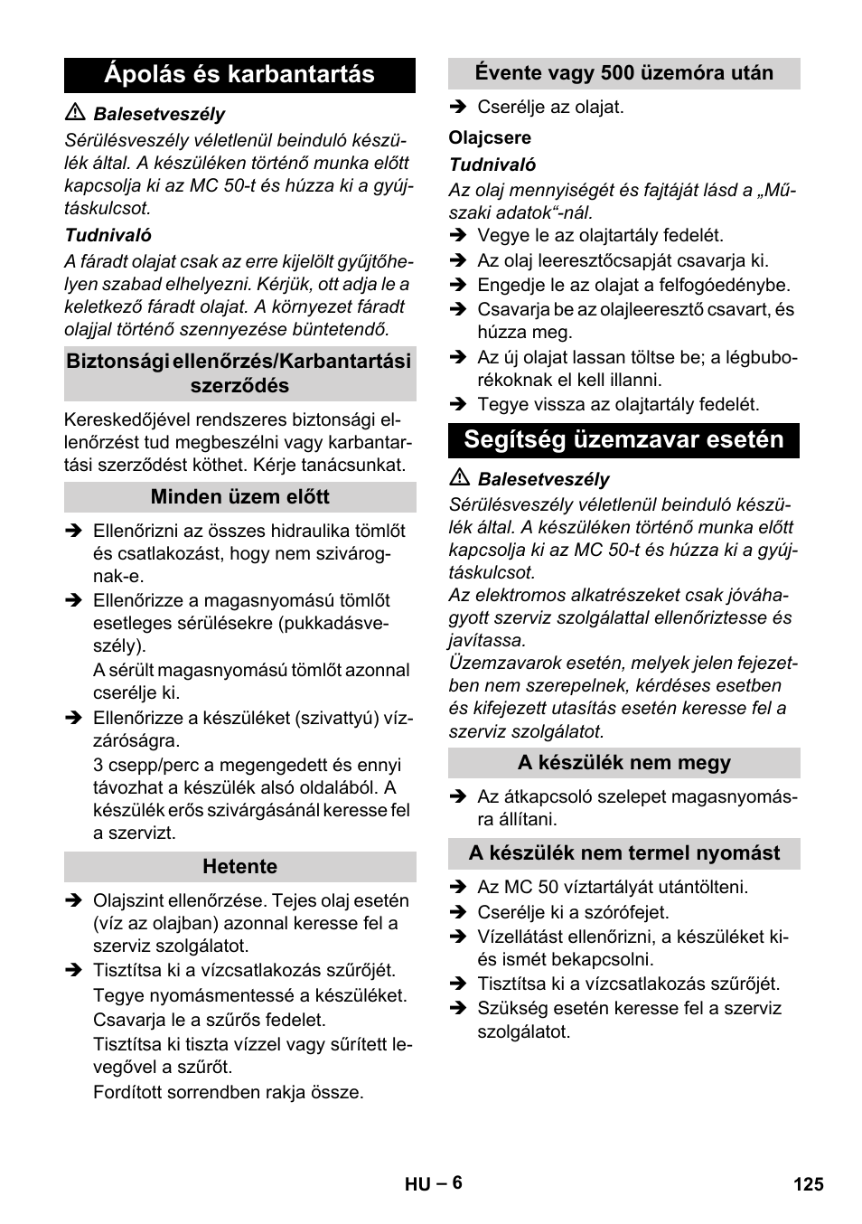 Ápolás és karbantartás, Segítség üzemzavar esetén | Karcher MIC 34C User Manual | Page 125 / 172