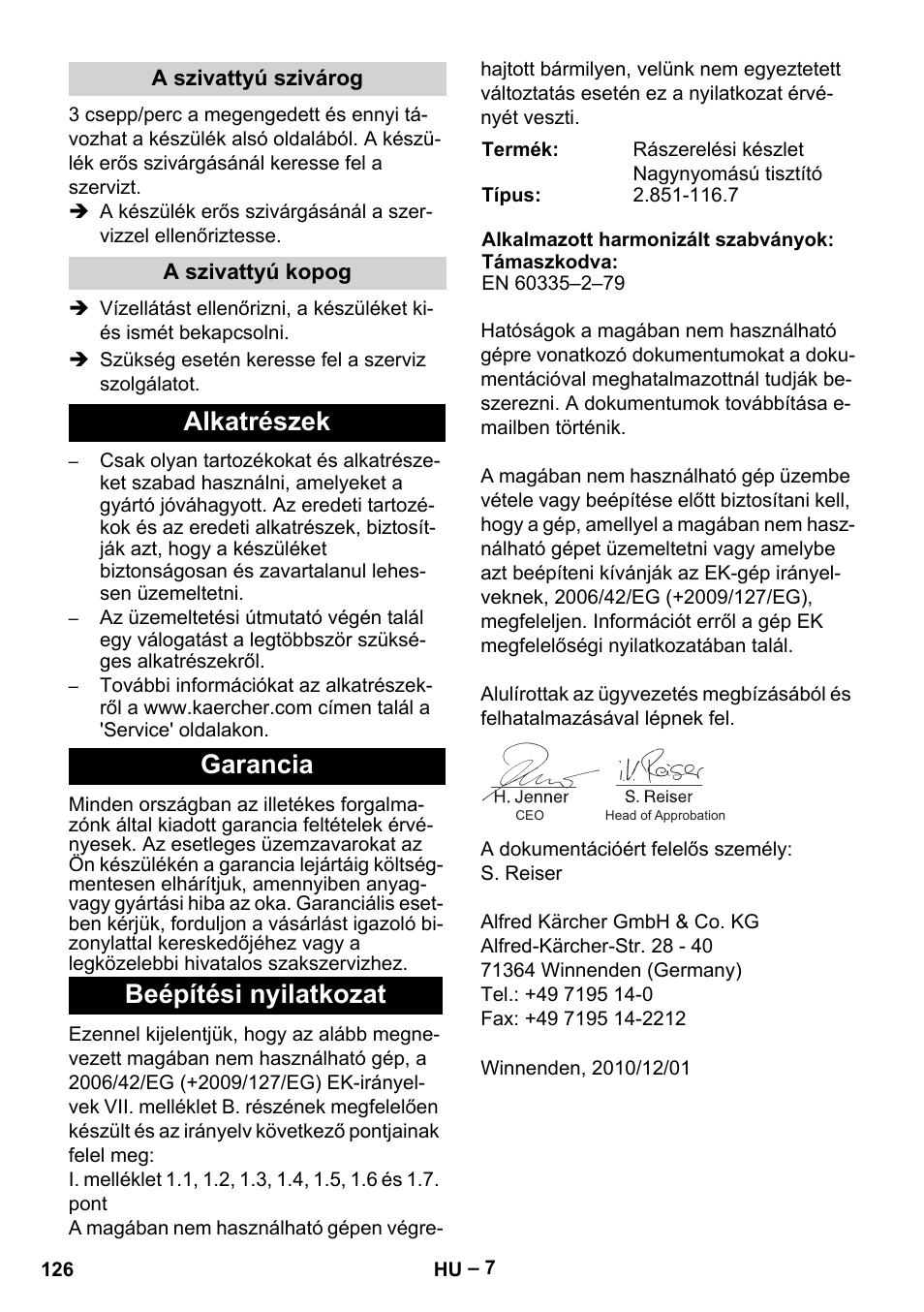 Alkatrészek garancia beépítési nyilatkozat | Karcher MIC 34C User Manual | Page 126 / 172
