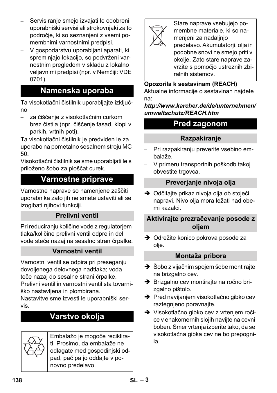 Namenska uporaba varnostne priprave, Varstvo okolja, Pred zagonom | Karcher MIC 34C User Manual | Page 138 / 172