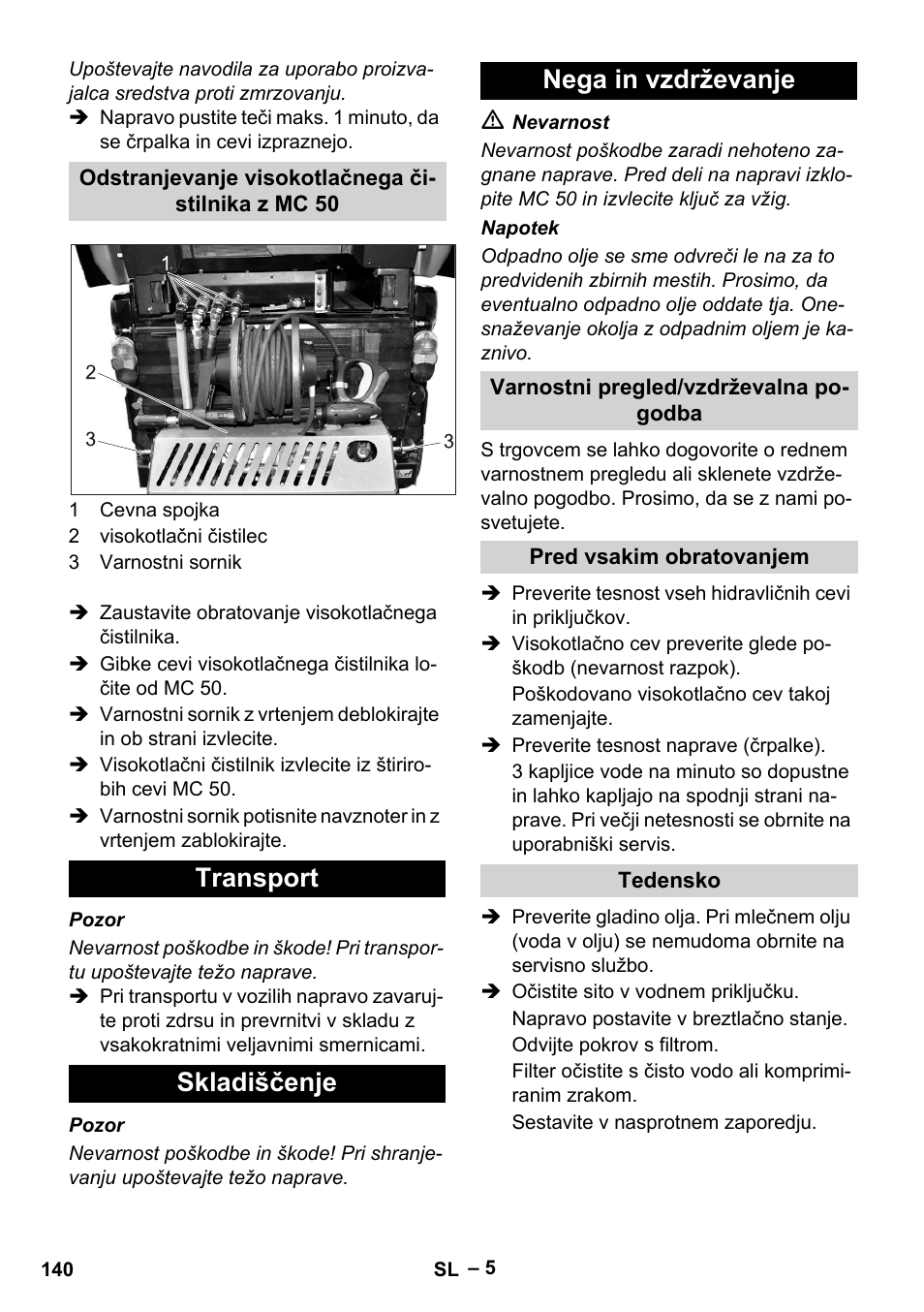 Transport skladiščenje nega in vzdrževanje | Karcher MIC 34C User Manual | Page 140 / 172