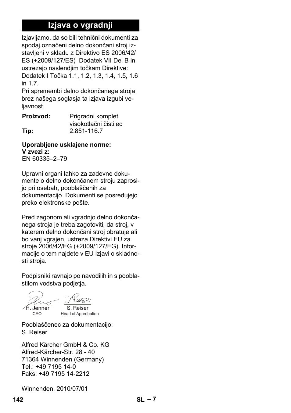Izjava o vgradnji | Karcher MIC 34C User Manual | Page 142 / 172