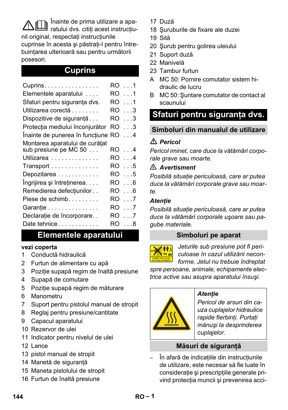 Româneşte, Românete, Cuprins | Elementele aparatului sfaturi pentru siguranţa dvs | Karcher MIC 34C User Manual | Page 144 / 172