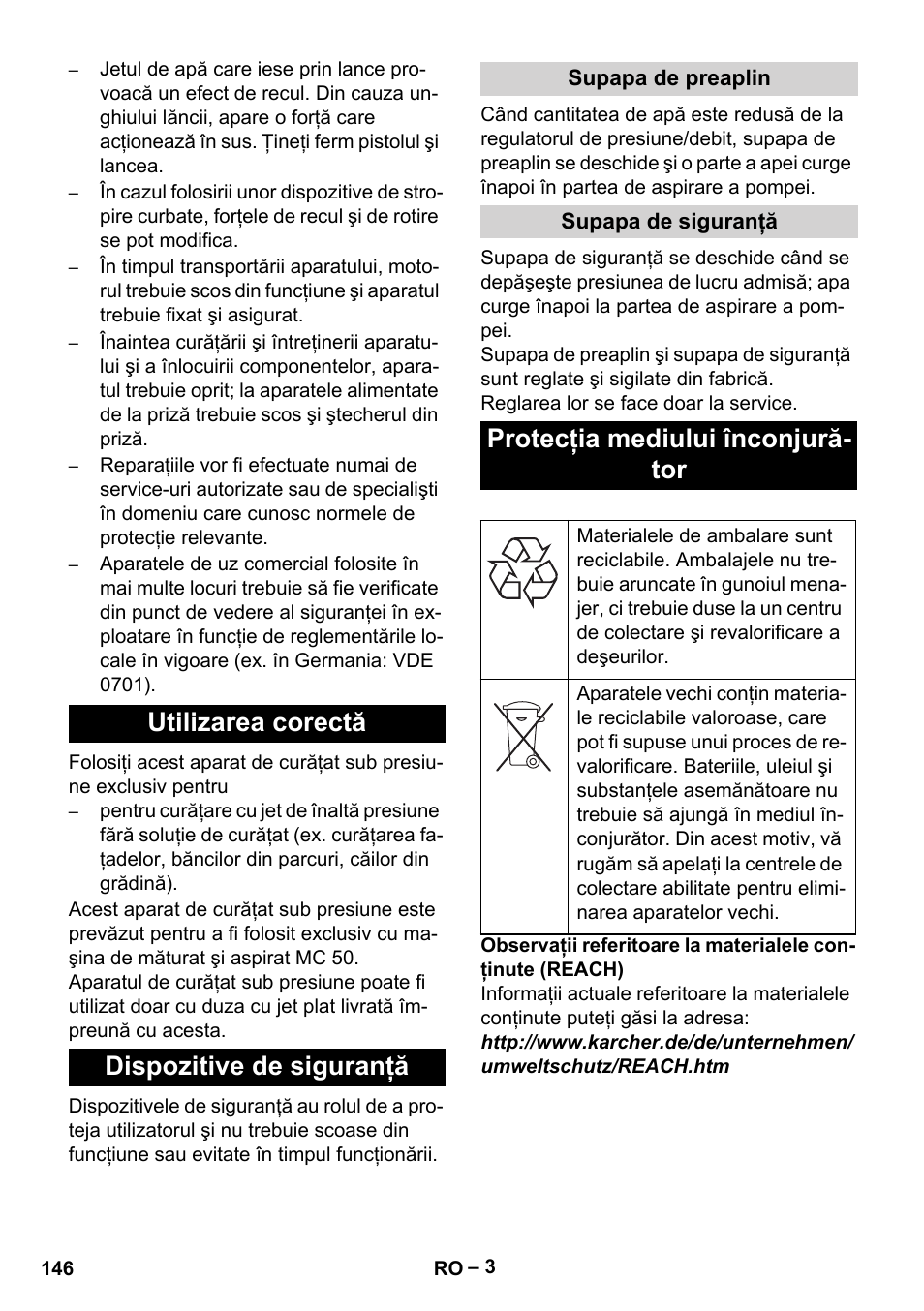 Utilizarea corectă dispozitive de siguranţă, Protecţia mediului înconjură- tor | Karcher MIC 34C User Manual | Page 146 / 172